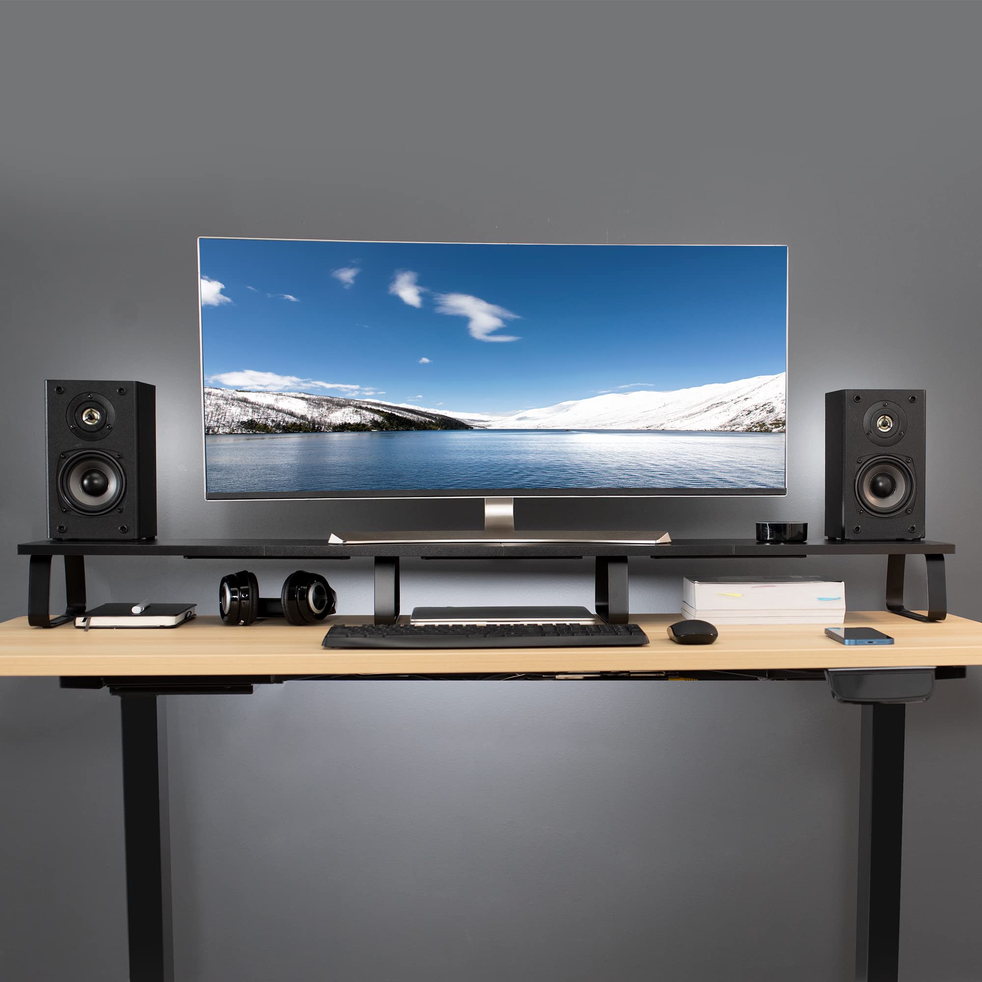 Alt View 7. Refined Abode Design - Extra Long Monitor Stand Wood & Steel Desktop Riser Multi Screen Tv Laptop Desk And Tabletop Organizer Stan - Default.