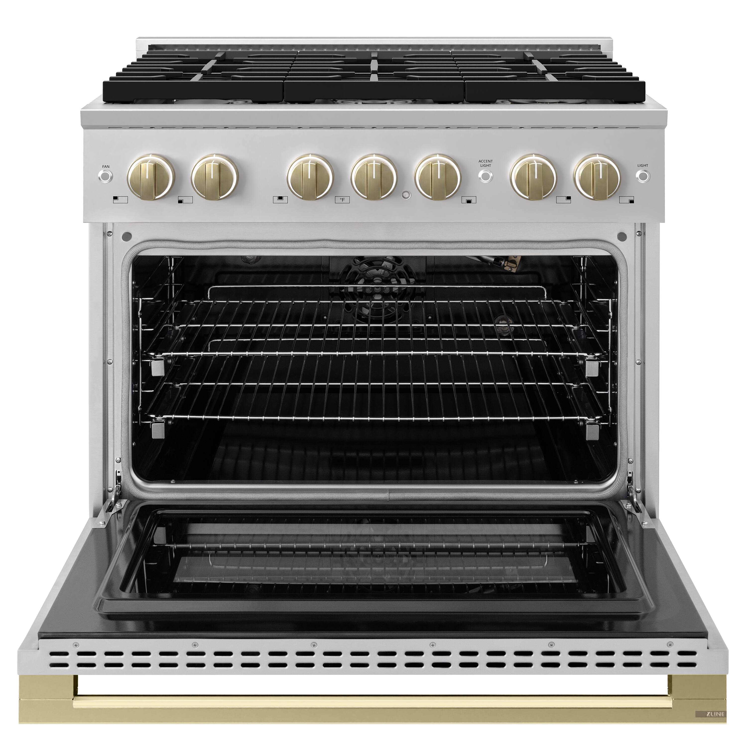 Angle. ZLINE - Autograph 36 in. 5.2 cu. ft. Marino Freestanding Gas Range with 6 Burners and Manual Clean Oven with Bronze Accents - Stainless Steel.