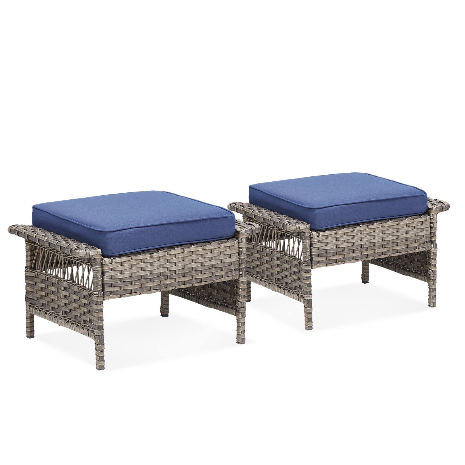 Alt View 2. Mondawe - Set of 2 Outdoor PE Wicker Ottomans with Blue Cushions - Blue.