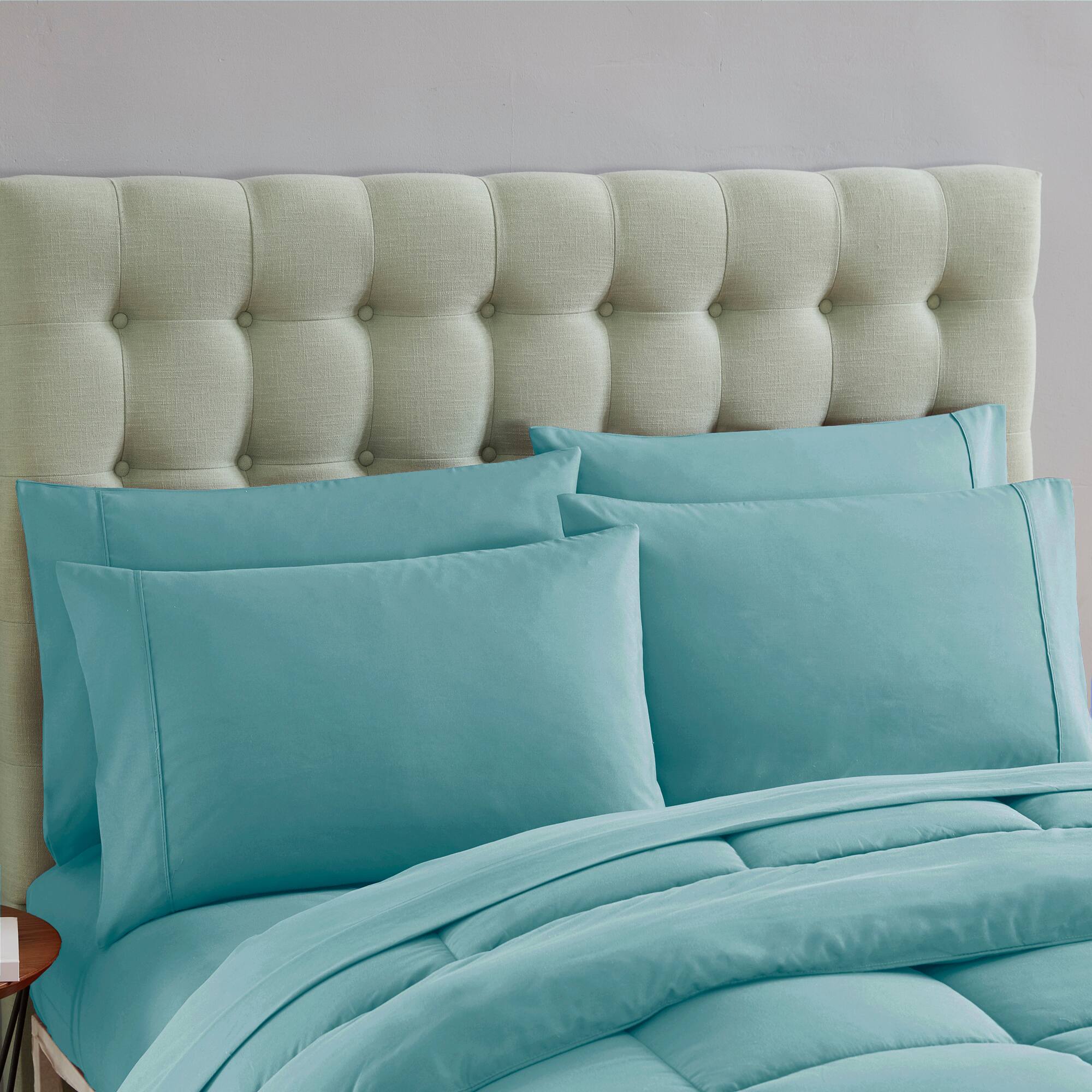 Angle. Sweet Home Collection - All Season Reversible Bed-in-A-Bag Solid Color Comforter & Sheet Set, Twin XL - Misty Blue.