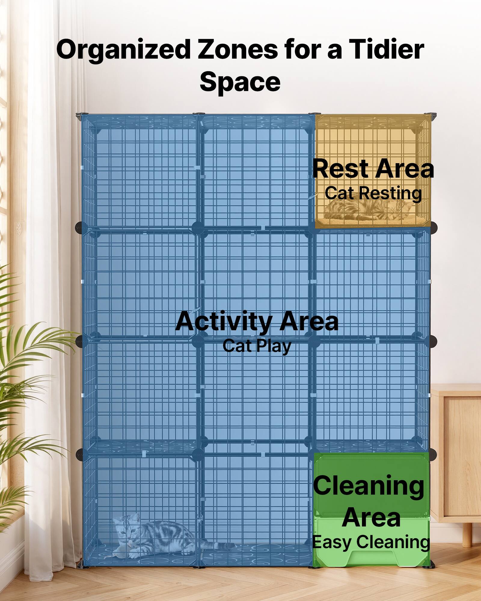 Organized Zones for a Tidier Space  
- Rest Area: Cat Resting  
- Activity Area: Cat Play  
- Cleaning Area: Easy Cleaning