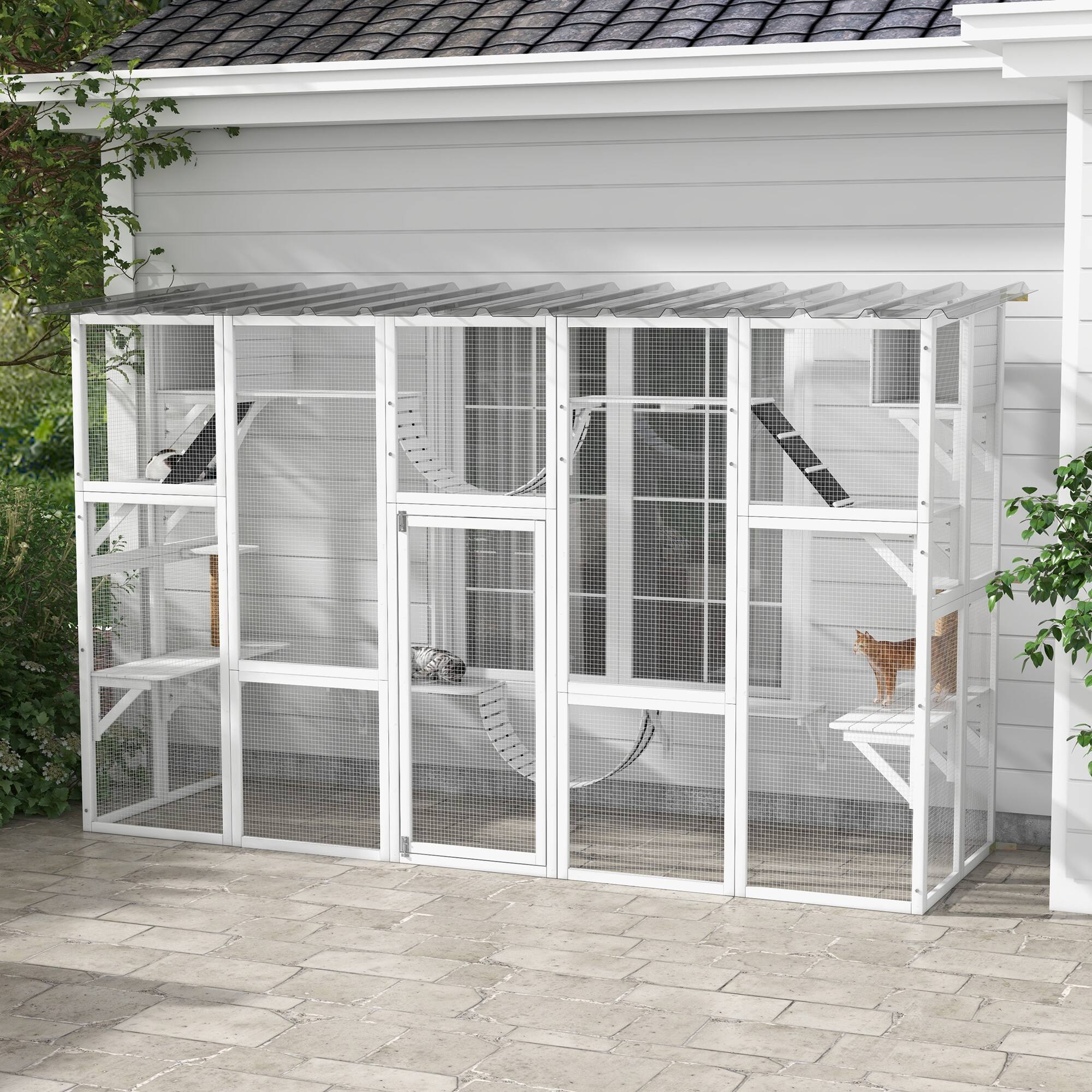 Angle. Pawhut - Catio Outdoor Window Enclosure, for Multiple Kitties, Wooden Frame, Shelves & Bridges, 118"x37.5"x74".