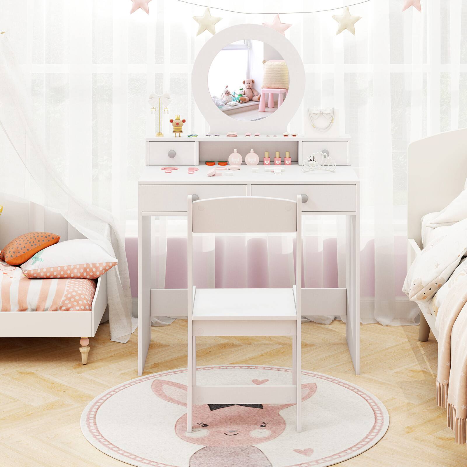 Alt View 5. Gymax - Gymax Kids Vanity Set Desk & Chair Set w/ Mirror Open Shelf & 4 Storage Drawers White - White.