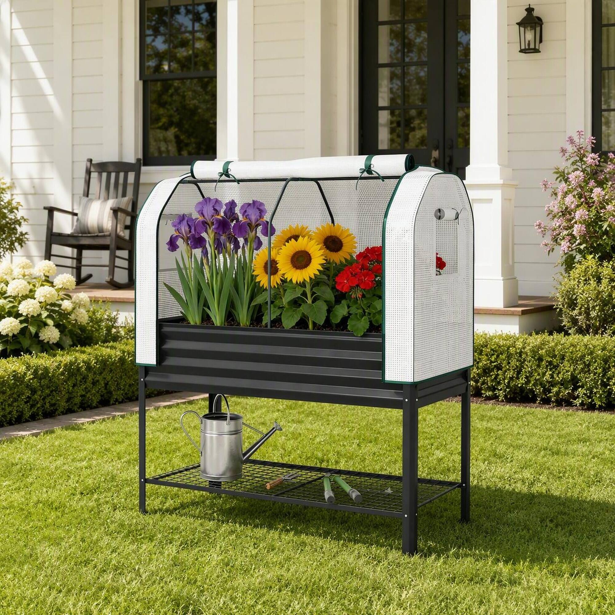 Alt View 1. RYHNUYNE - Raised Garden Bed with Legs and PE Greenhouse Cover, Elevated Planter Box with Mesh Shelf, 47.2 Inch Black Metal - Black.