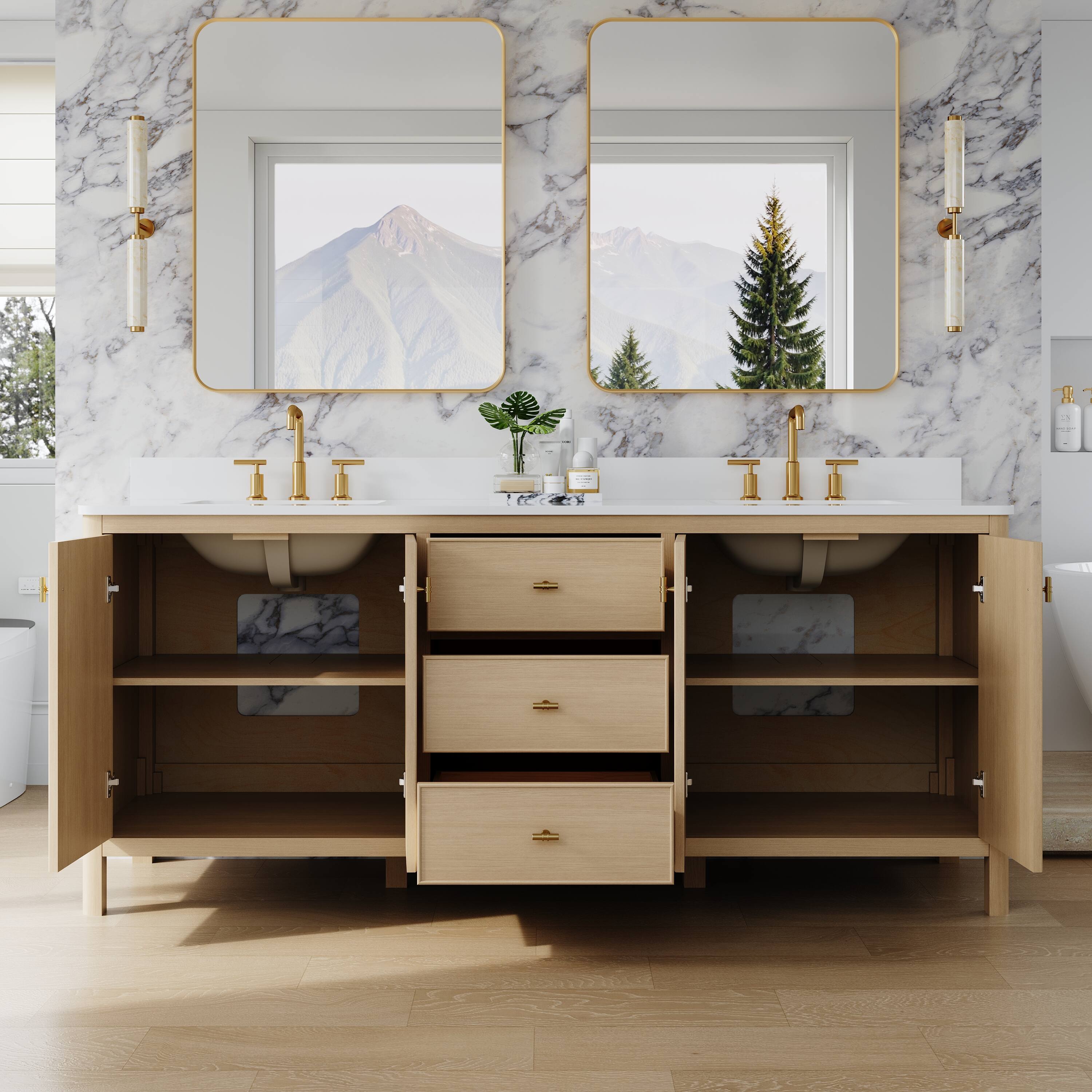 Back. WELLFOR - LORIN 80 in. Solid Wood Bath Vanity with Quartz Top, Double Sink, Soft Close, Assembled - OAK.