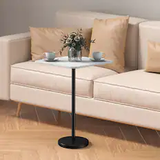 Front. Oumilen - White Wood-Top Side Table with Marble Base - White.