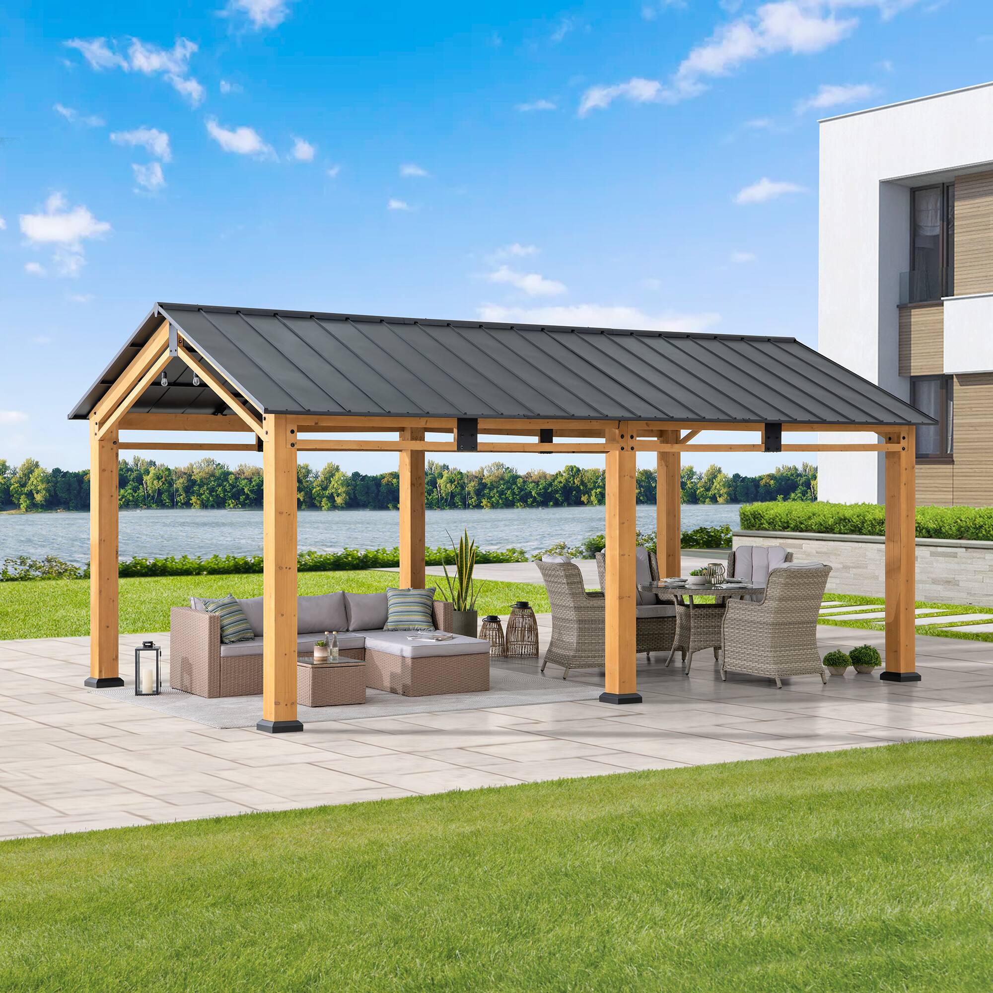 Front. SUNJOY - Sunjoy 20 ft. x 11 ft. Hanover Cedar Wood Carport - Coating: Sand Black Wood: Natural Wood.