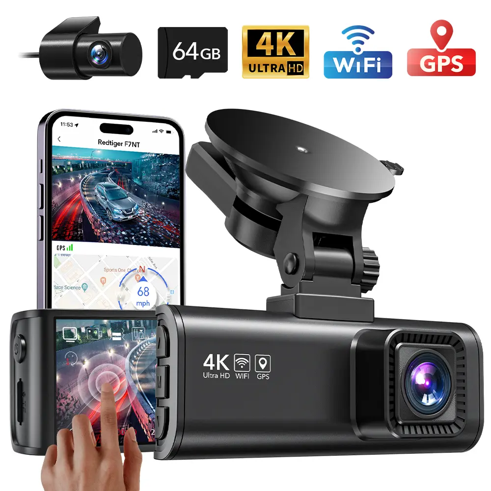 REDTIGER - 4K Front and Rear Dash Cam , 3.18'' Touch Screen , Voice Control , 64GB Card - Black