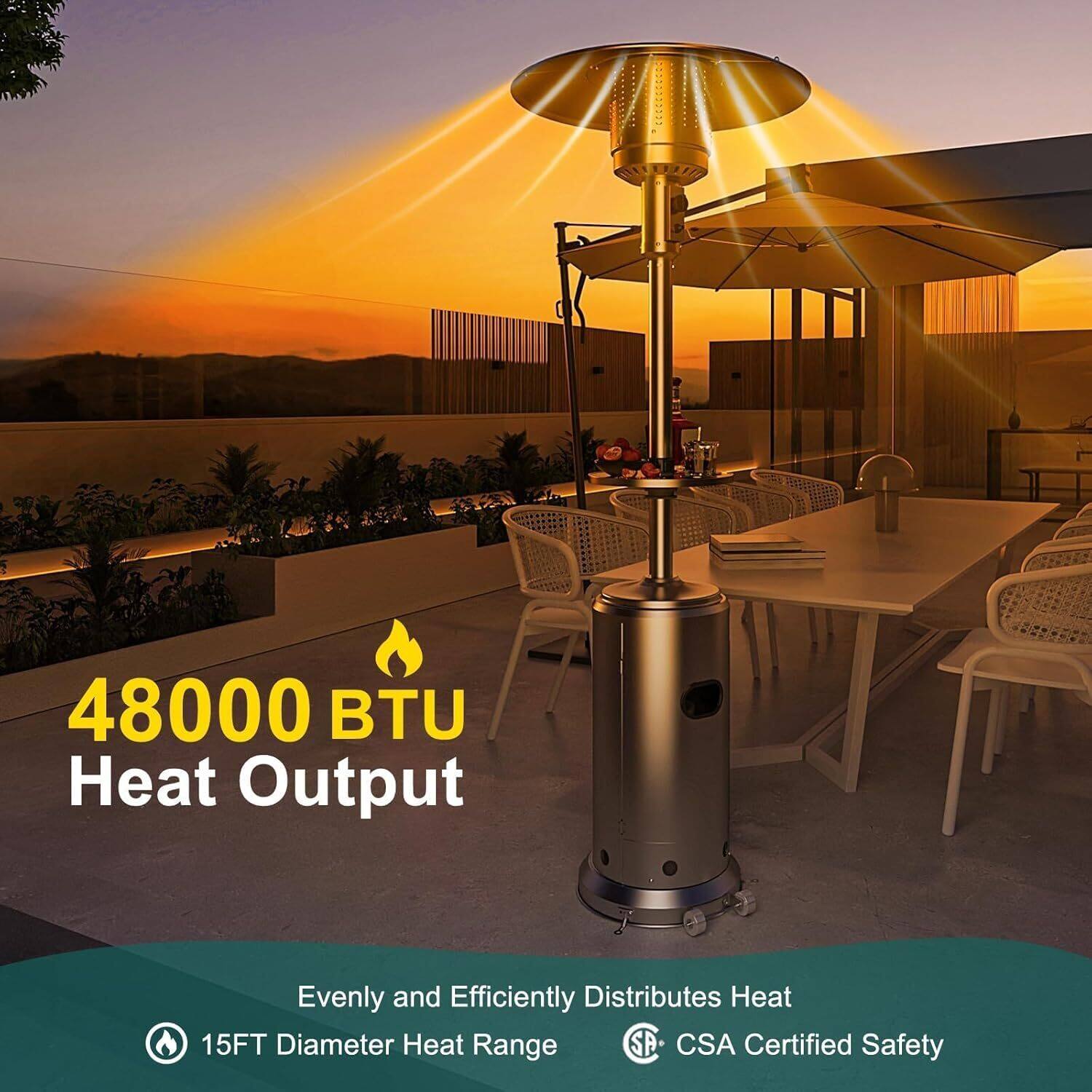 48000 BTU Heat Output

Evenly and Efficiently Distributes Heat

15FT Diameter Heat Range

CSA Certified Safety