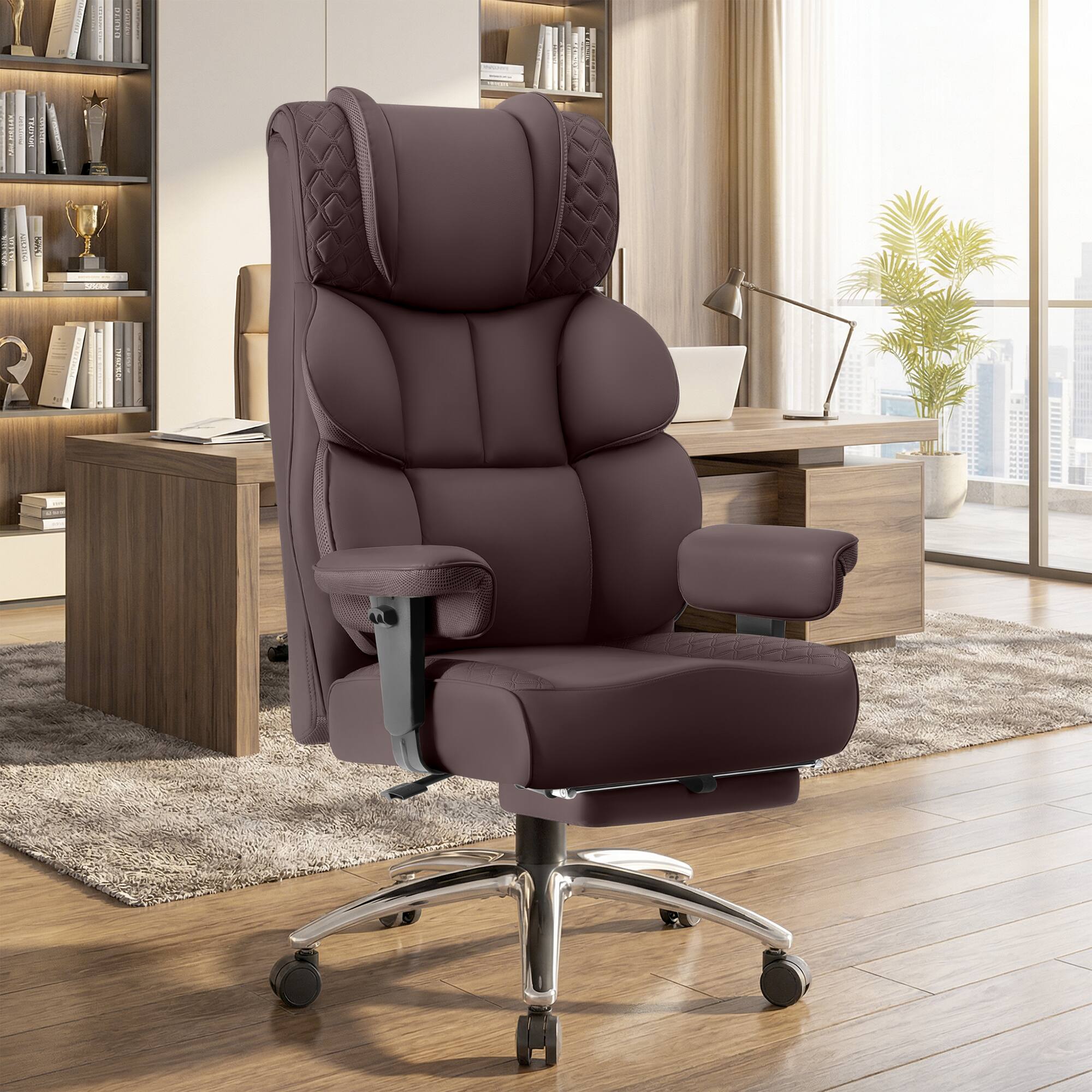 Alt View 4. KERDOM - Large PU Leather Office Chair with Footrest, Ergonomic Wide Seat Comfy Executive High Back Reclining Desk Gaming Chair - Coffee.