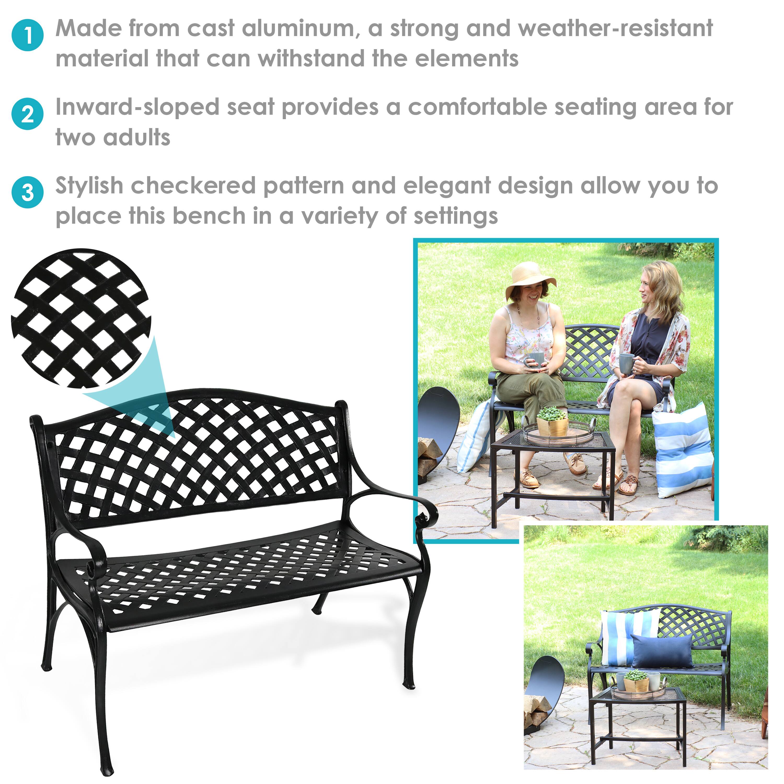 1. Made from cast aluminum, a strong and weather-resistant material that can withstand the elements.
2. Inward-sloped seat provides a comfortable seating area for two adults.
3. Stylish checkered pattern and elegant design allow you to place this bench in a variety of settings.