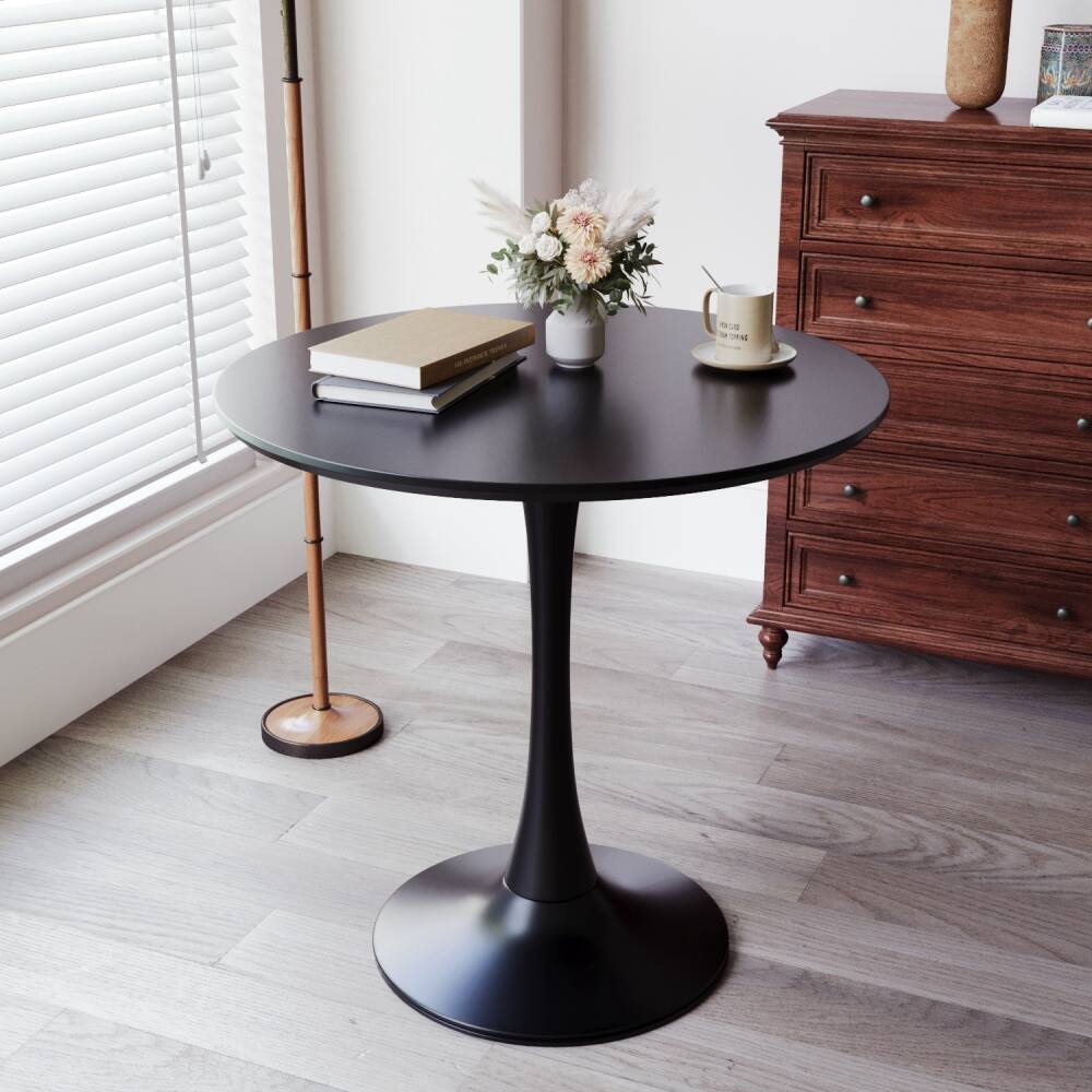 Front. Lirago - Round Black Tulip Table Pedestal Base MDF Dining Table Compact Coffee End Table 29.5"H x 31.5"D x 31.5"W - Black.