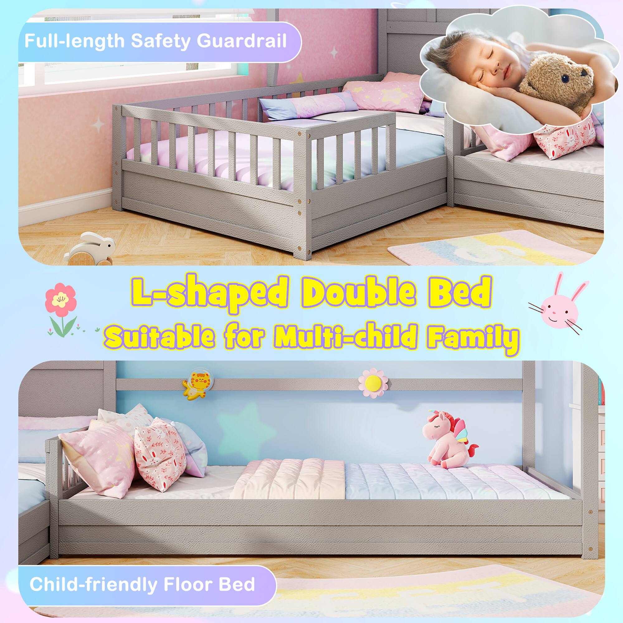 Full-length Safety Guardrail, L-shaped Double Bed, Suitable for Multi-child Family, Child-friendly Floor Bed