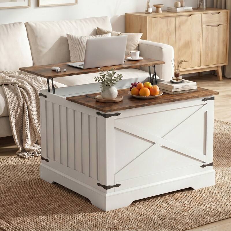 Angle. WELLFOR - 31.5 " Farmhouse Lift Top Coffee Table  with Large Hidden Storage, Square Wood Center Table for Living Room - Rustic Brown.