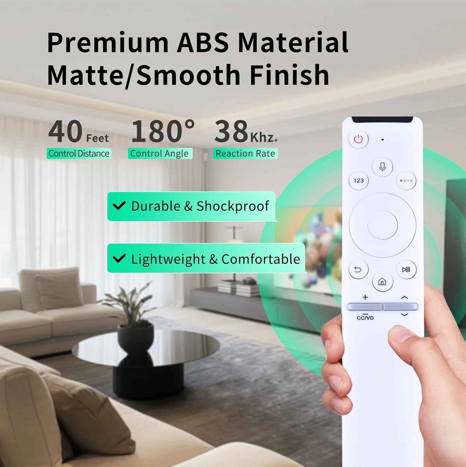 Premium ABS Material Matte/Smooth Finish

40 Feet Control Distance  
180° Control Angle  
38Khz+ Reaction Rate

- Durable & Shockproof  
- Lightweight & Comfortable  

DII + CC/VD