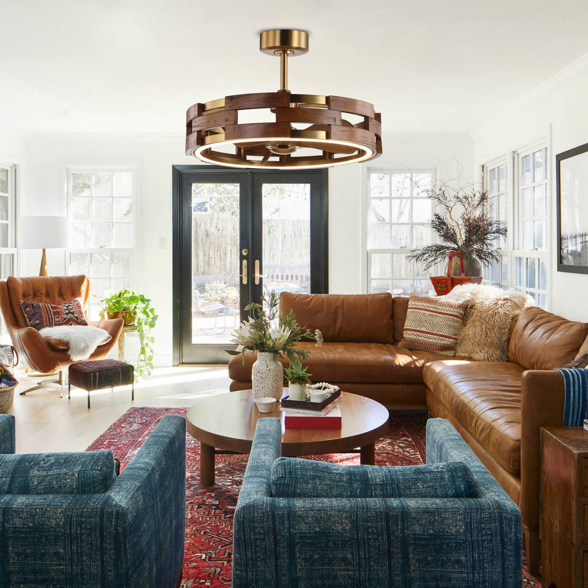 Left. Perimost - 30-inch Farmhouse Gold 6-speed Caged Fandelier Ceiling Fan with Light and Remote, DC Reversible Motor - Gold.