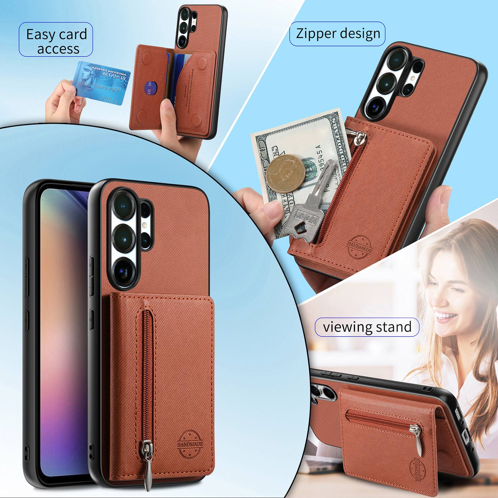 Easy card access  
Zipper design  
1 RANR ESPA J  
LNES o POR da S  
I A MAN R0 CAR  
39545 NIVPOCU S  
1 A H  
viewing stand  
HANDMADE