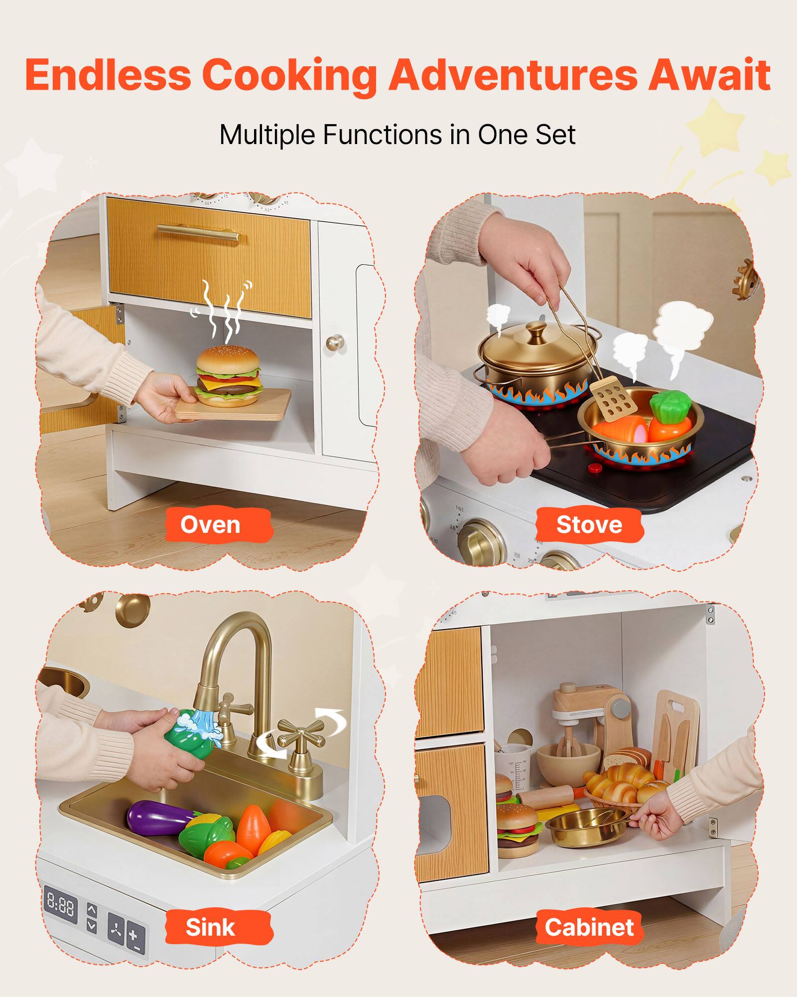 Endless Cooking Adventures Await  
Multiple Functions in One Set  

- Oven  
- Stove  
- Sink  
- Cabinet