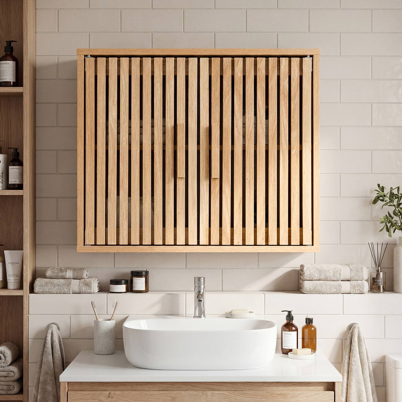 Alt View 3. Costway - Costway Bathroom Wall Cabinet, Wall Mounted Medicine Cabinet, Adjustable Shelves - Natural.