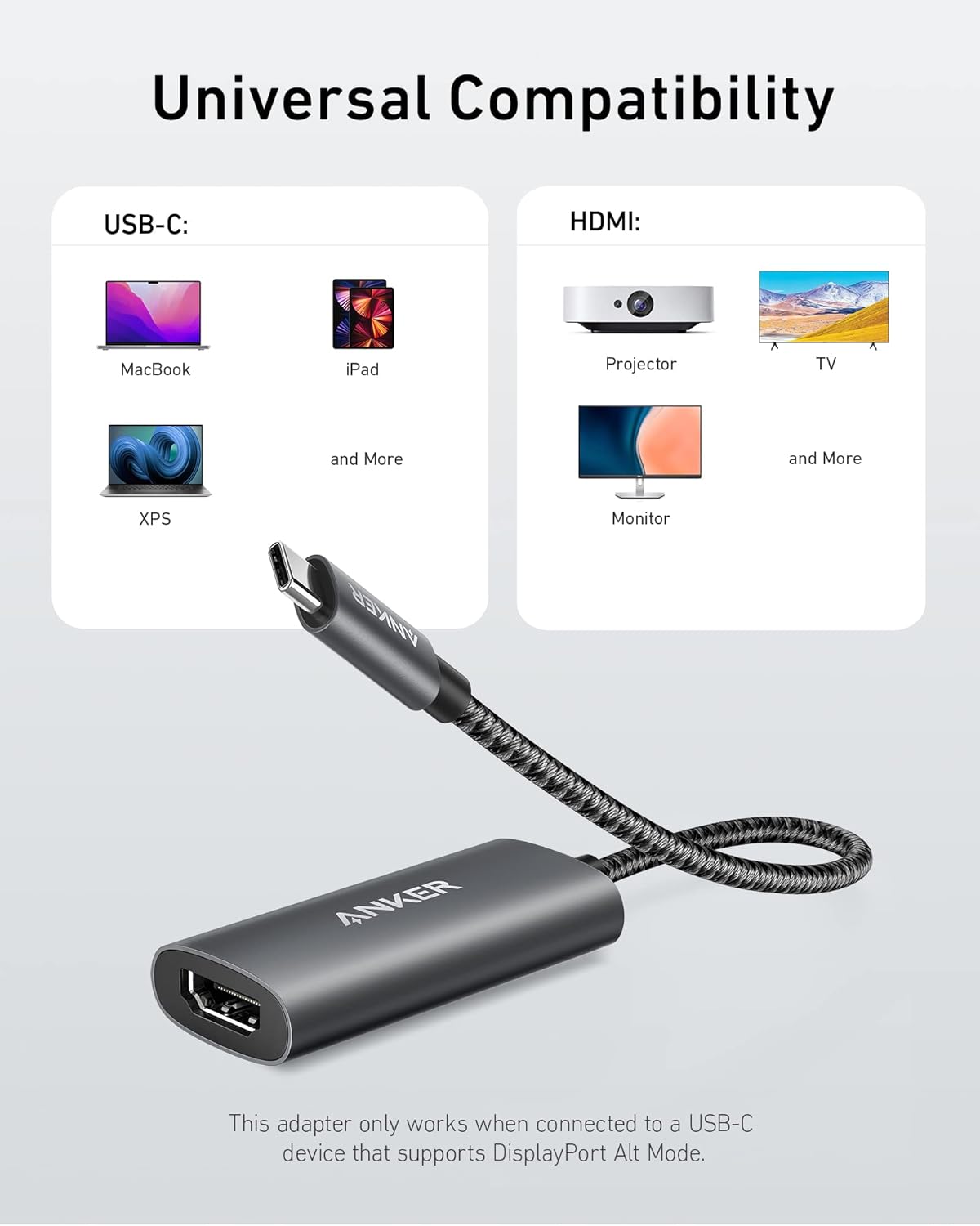 Universal Compatibility

USB-C:
- MacBook
- iPad
- XPS
- and More

HDMI:
- Projector
- TV
- Monitor
- and More

This adapter only works when connected to a USB-C device that supports DisplayPort Alt Mode.