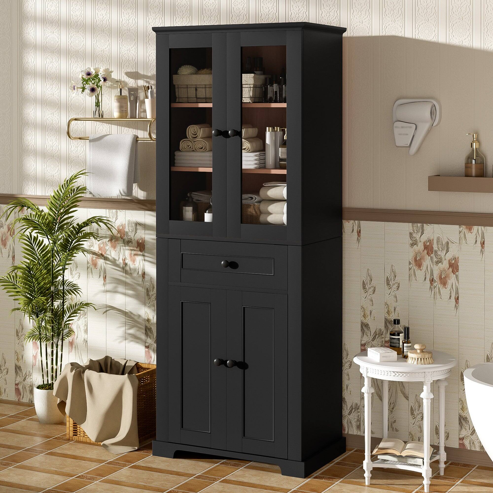 Alt View 2. Boyel Living - 67.2 Inch Black Tall Bathroom Storage Cabinet with Tempered Glass Doors Adjustable Shelves Drawer Soft Close Linen Tower - Black.