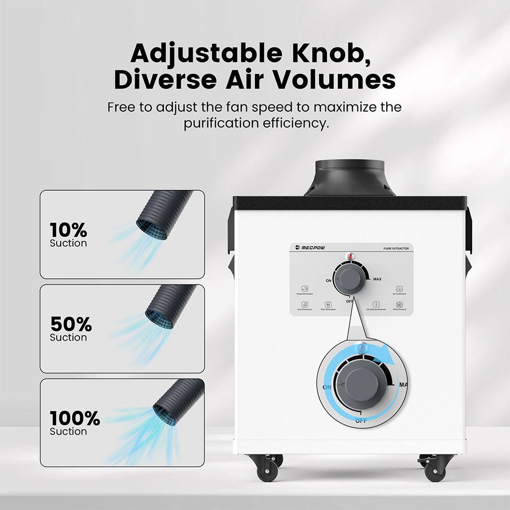 Adjustable Knob, Diverse Air Volumes  
Free to adjust the fan speed to maximize the purification efficiency.  

10% Suction  
50% Suction  
100% Suction