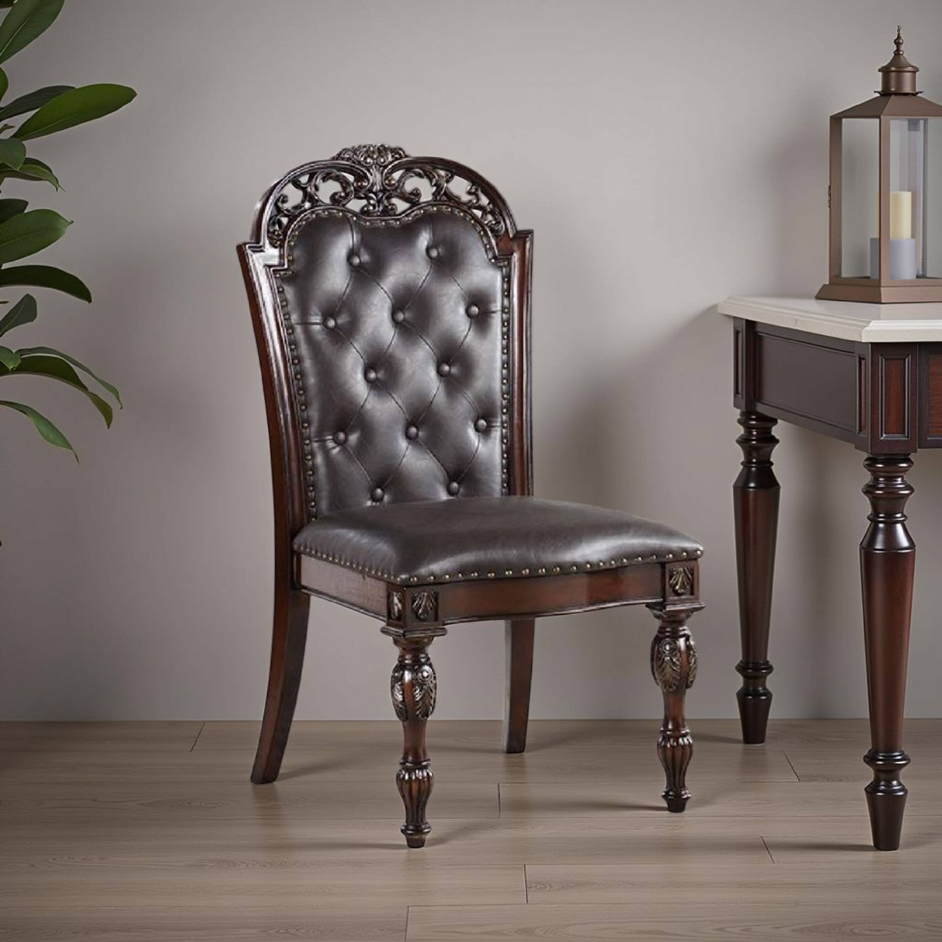 Alt View 5. Manhattan Lane - Eva Side Dining Chair Set of 2, Rivet Trim, Brown Tufted Faux Leather - Brown Cherry, Espresso.