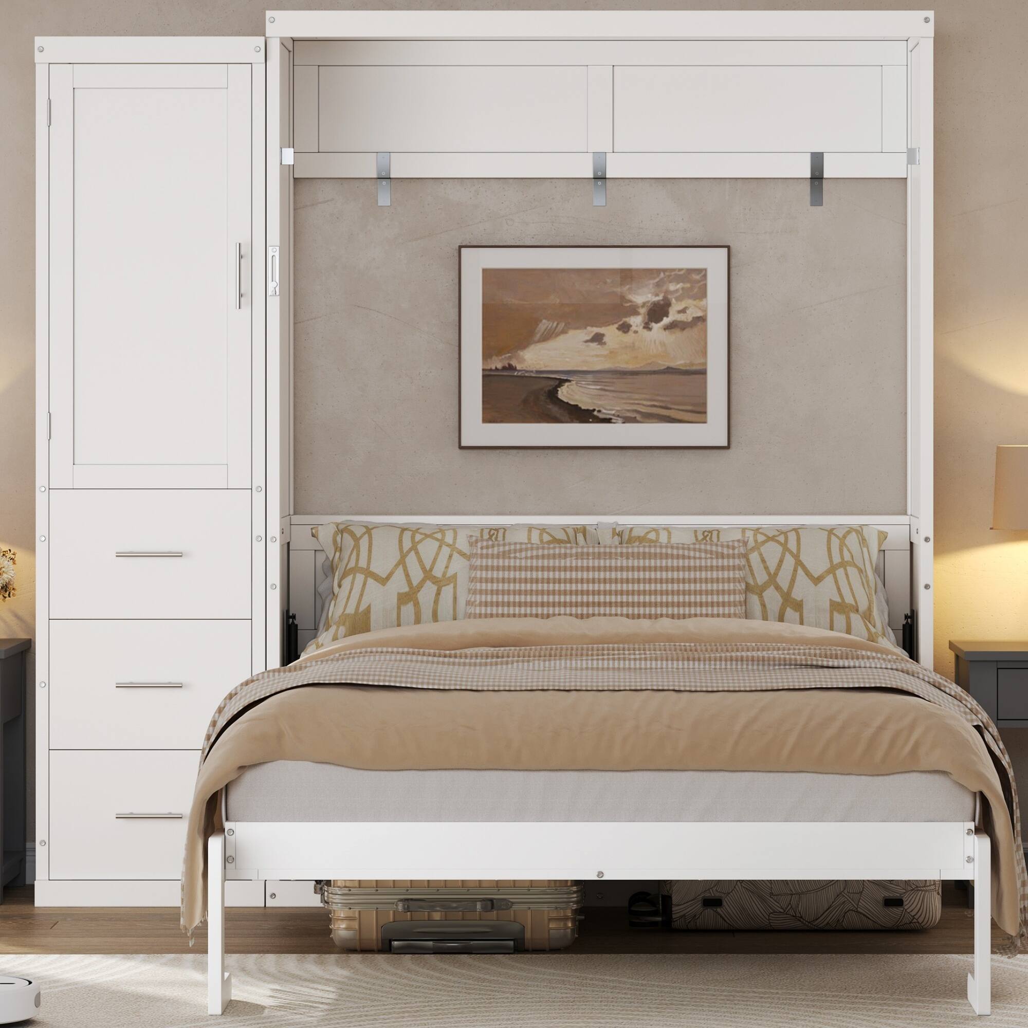 Angle. Whisen - Full Size Murphy Bed Frame with Wardrobe and Drawers, Foldable Storage Cabinet Bed - White.