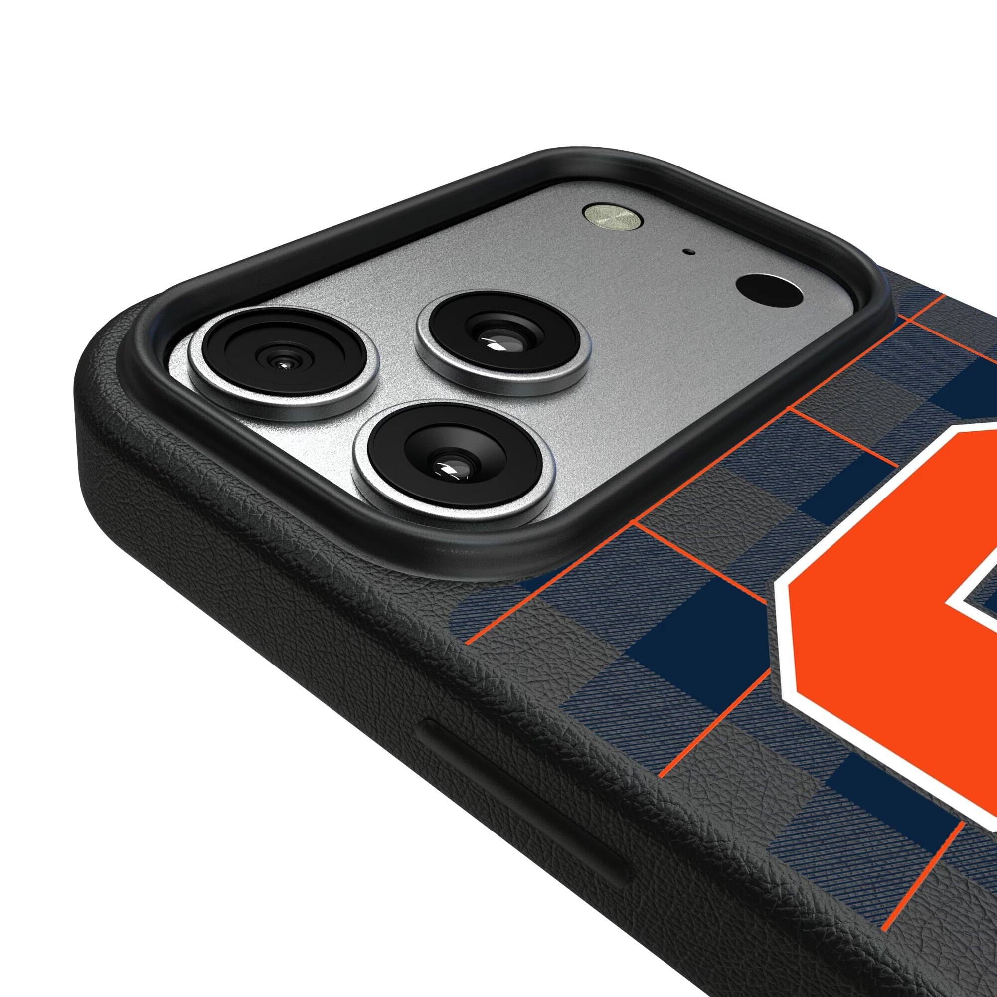 Alt View 2. Keyscaper - Syracuse Orange Plaid Magnetic Bump iPhone Case - 16 Plus - Black.
