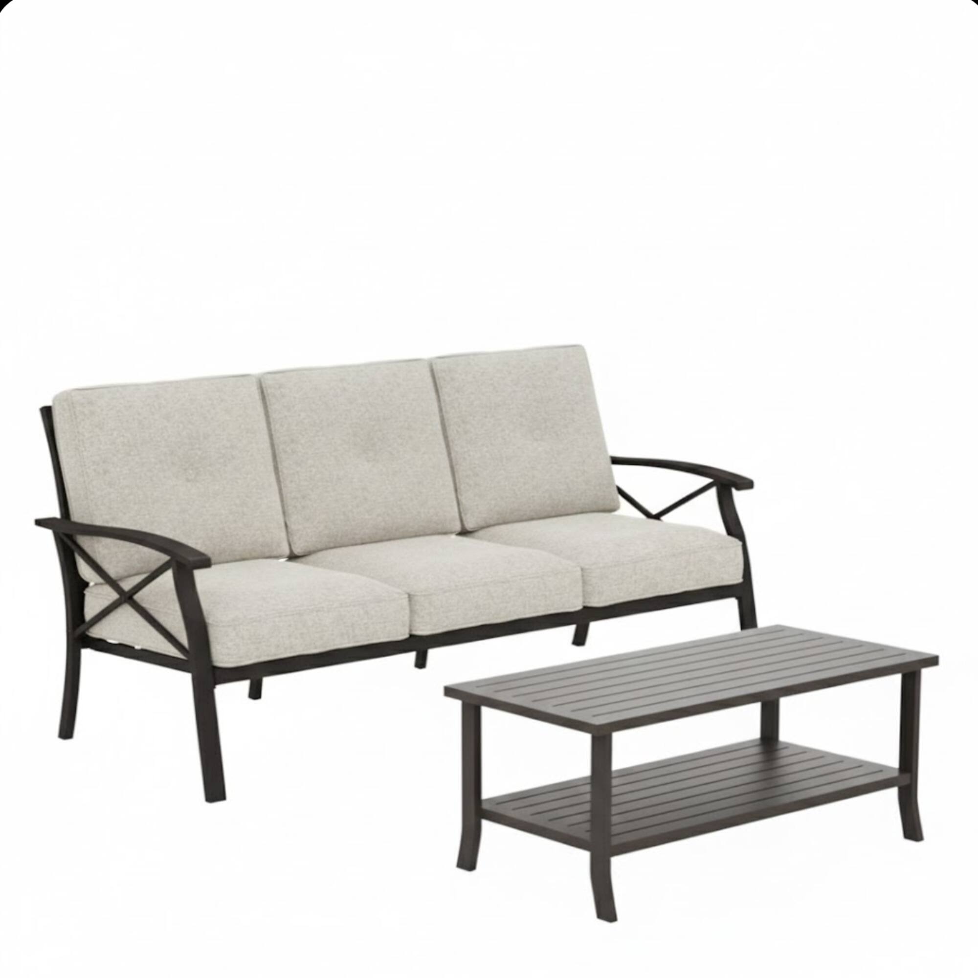 Mondawe - 2 Piece Outdoor Sofa Set with Rectangular coffee Table and Cushions - Light Khaki+Beige