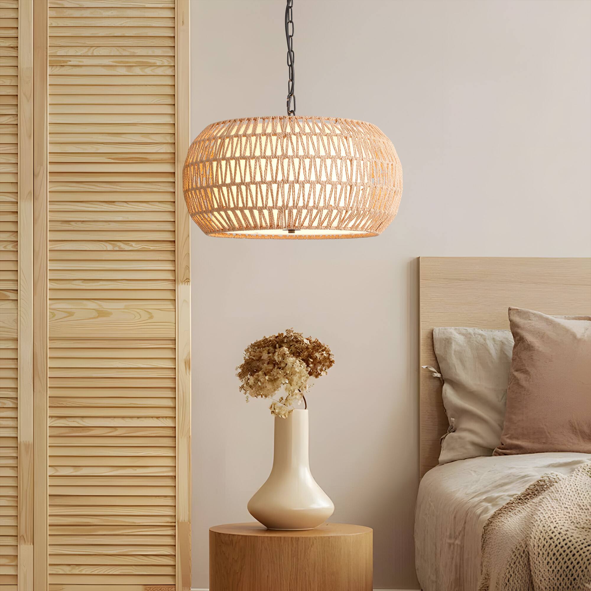 Angle. Siljoy - 19 in. 5-Light Black Bohemian Chandelier Hand Woven Rattan Boho Pendant Light Fixture for Dining Room Bedroom Entryway - Black.