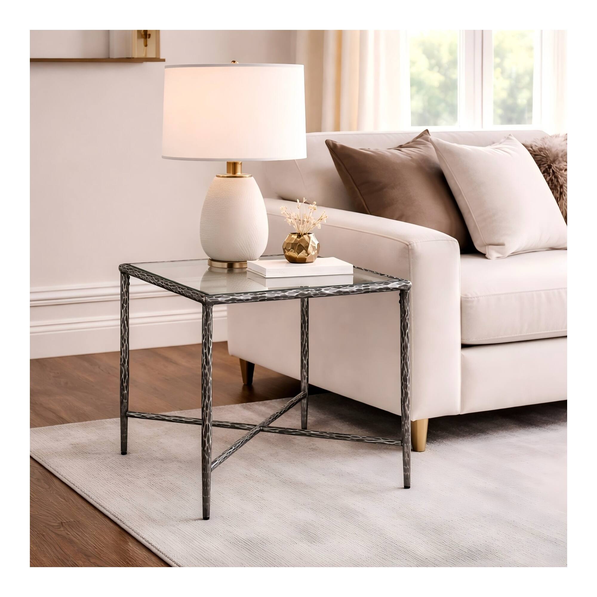 Alt View 4. Boyel Living - Square Hammered Metal End Table with Tempered Glass Top - Gunmetal.