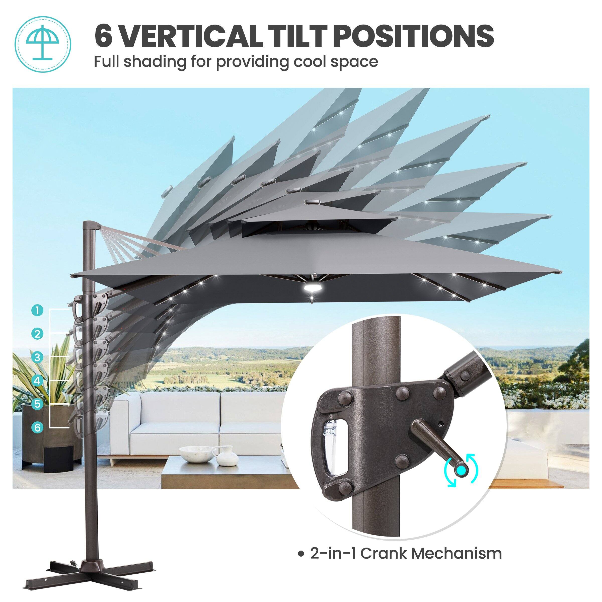 6 VERTICAL TILT POSITIONS  
Full shading for providing cool space  

1  
2  
3  
4  
5  
6  

2-in-1 Crank Mechanism