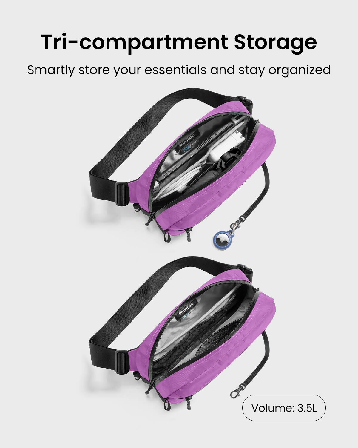 Tri-compartment Storage Smartly store your essentials and stay organized. Volume: 3.5L