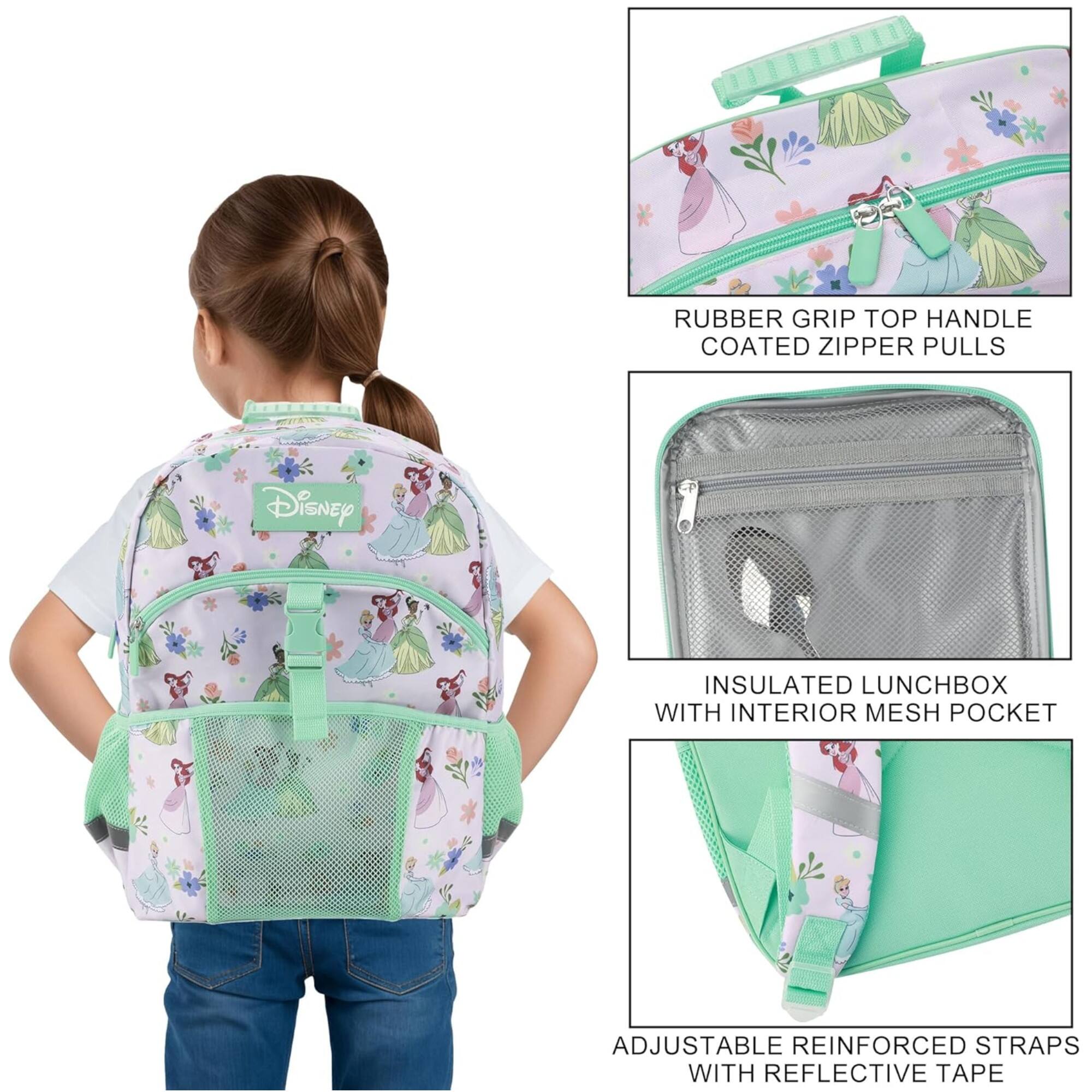 RUBBER GRIP TOP HANDLE COATED ZIPPER PULLS  
Disney INSULATED LUNCHBOX WITH INTERIOR MESH POCKET  
ADJUSTABLE REINFORCED STRAPS WITH REFLECTIVE TAPE