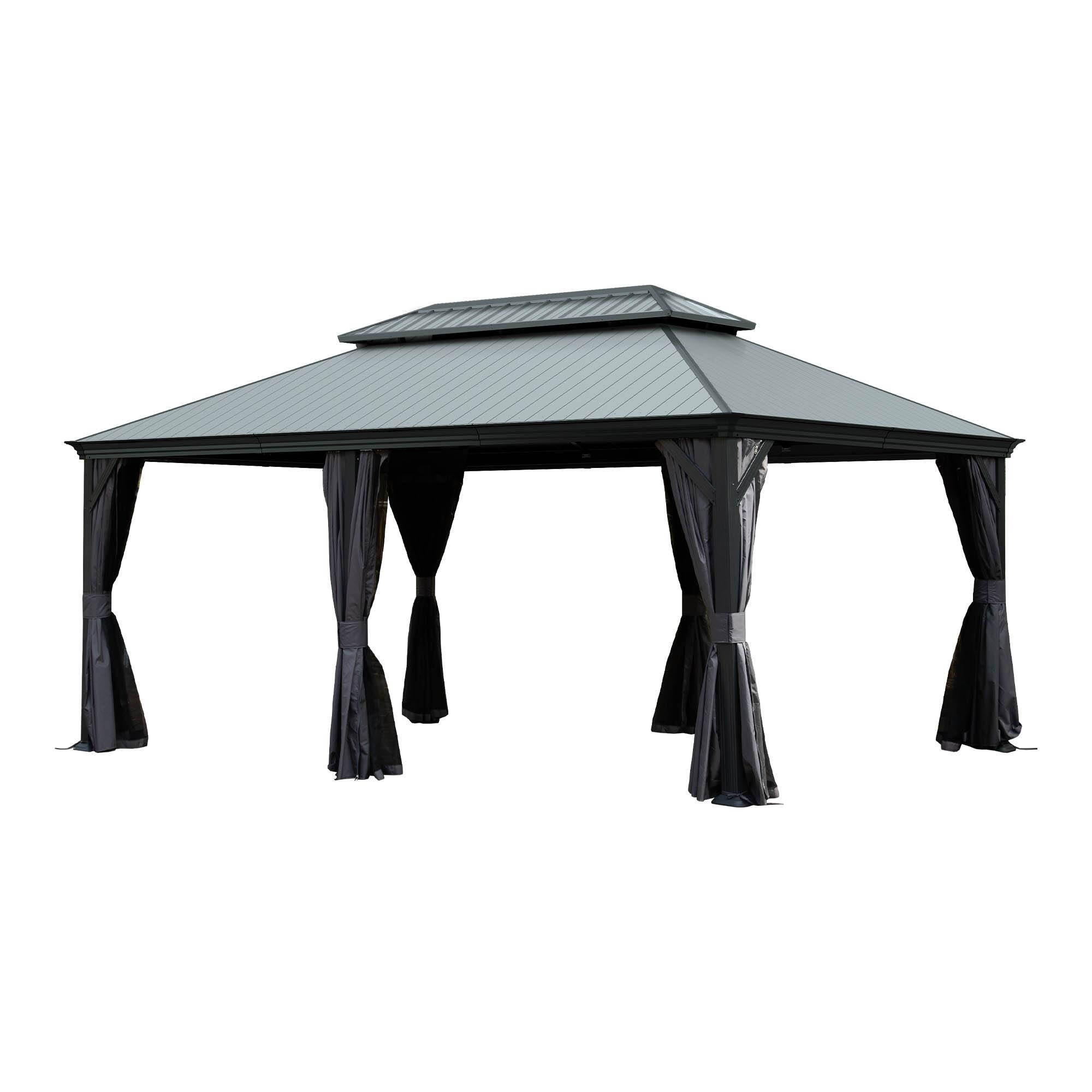 Angle. Mondawe - 12x18 Metal Gazebo With Resin Roof ,Curtains and Mosquito Netting Included - Dark Gray.