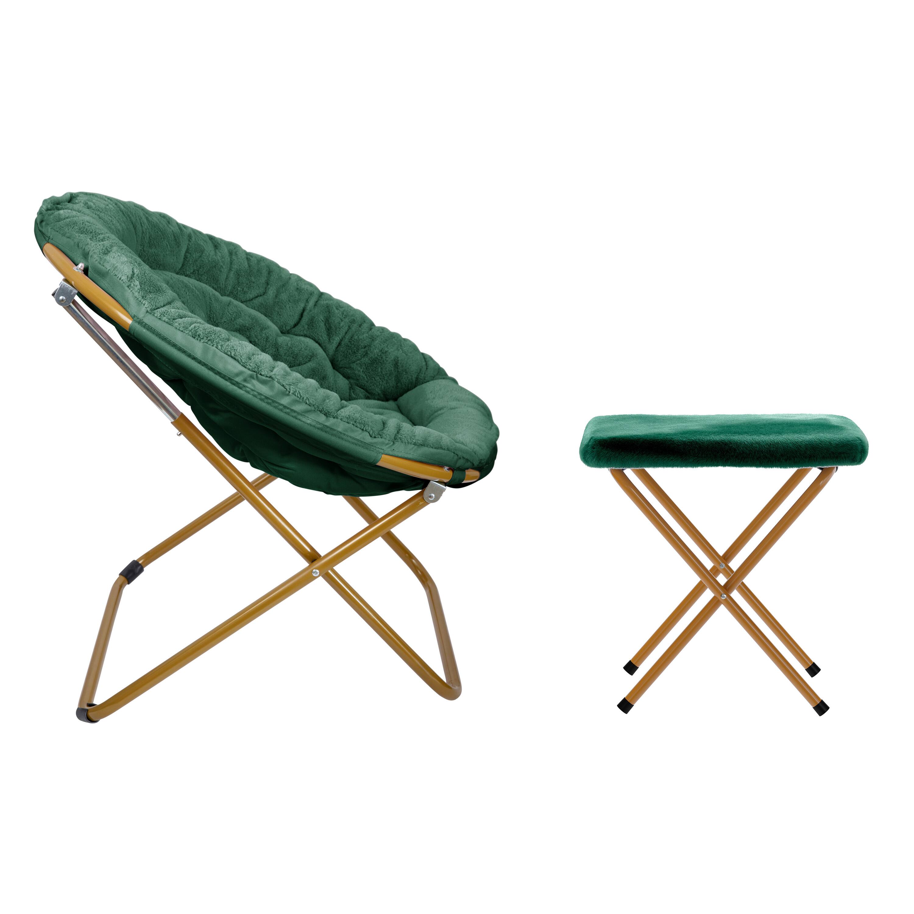 Alt View 6. Emma + Oliver - Ersa Oversize Folding Saucer Moon Chair and Ottoman for Dorm and Bedroom with Steel Frames - Emerald Fabric/Soft Gold Frame.