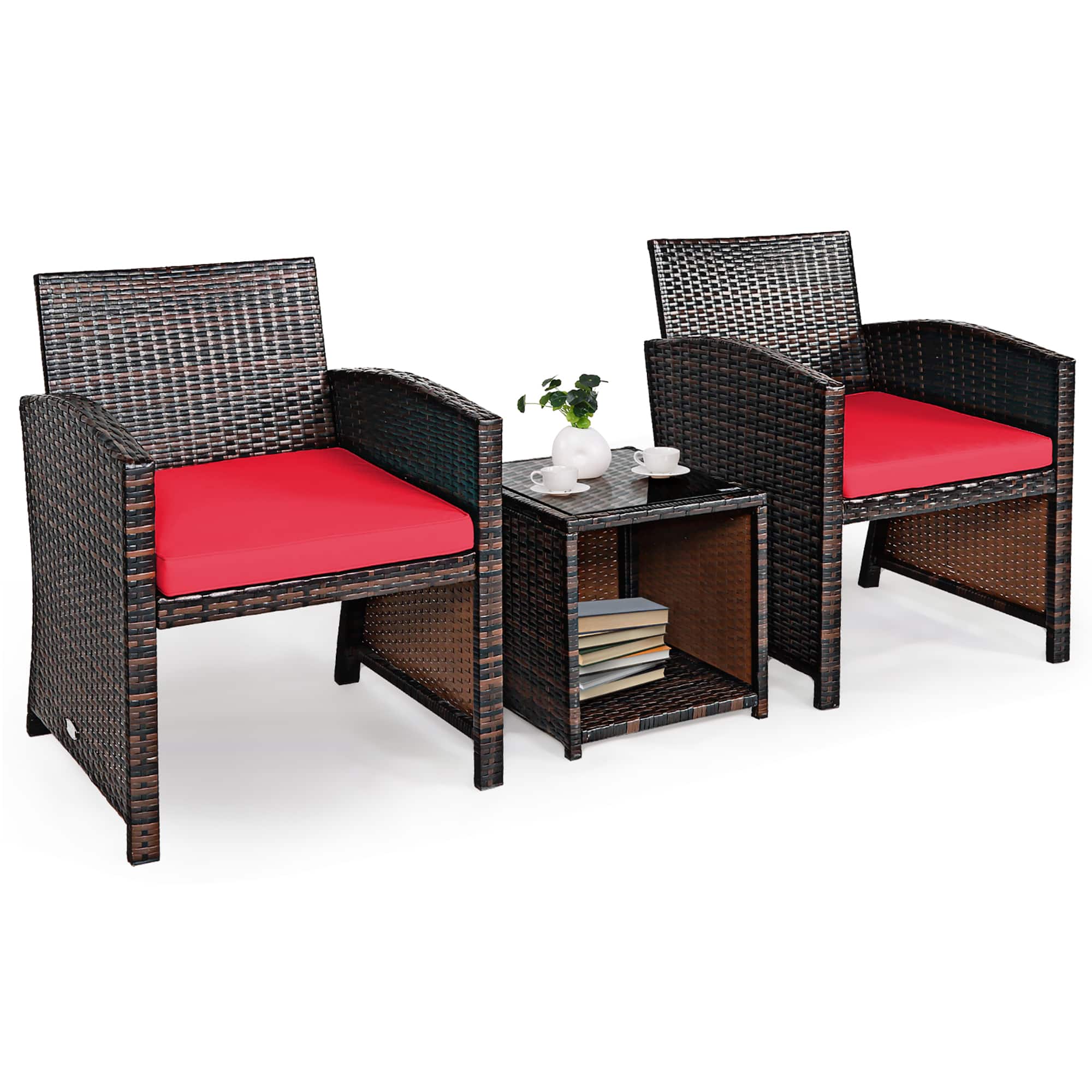 Front. Costway - 3PCS Patio Rattan Wicker Furniture Cushion Sofa Coffee Table - Red,Mix brown.