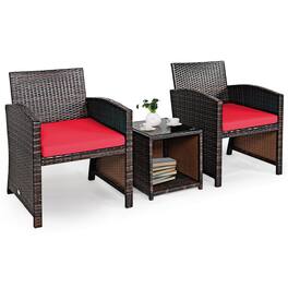 Costway - 3PCS Patio Rattan Wicker Furniture Cushion Sofa Coffee Table - Red,Mix brown