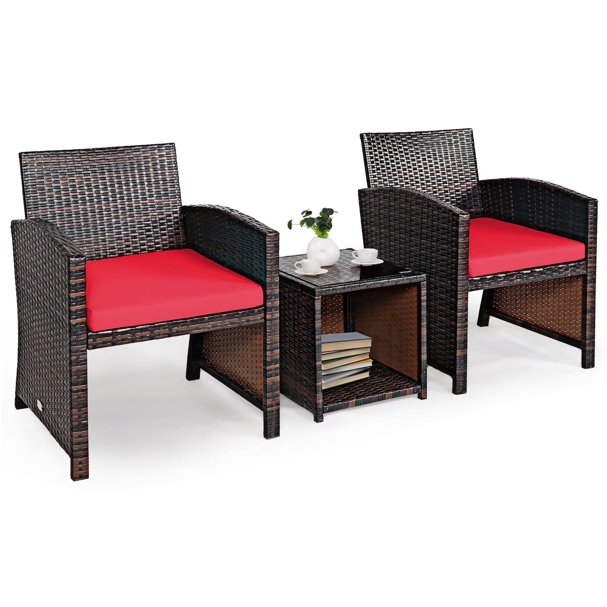 Front. Costway - 3PCS Patio Rattan Wicker Furniture Cushion Sofa Coffee Table - Red,Mix brown.