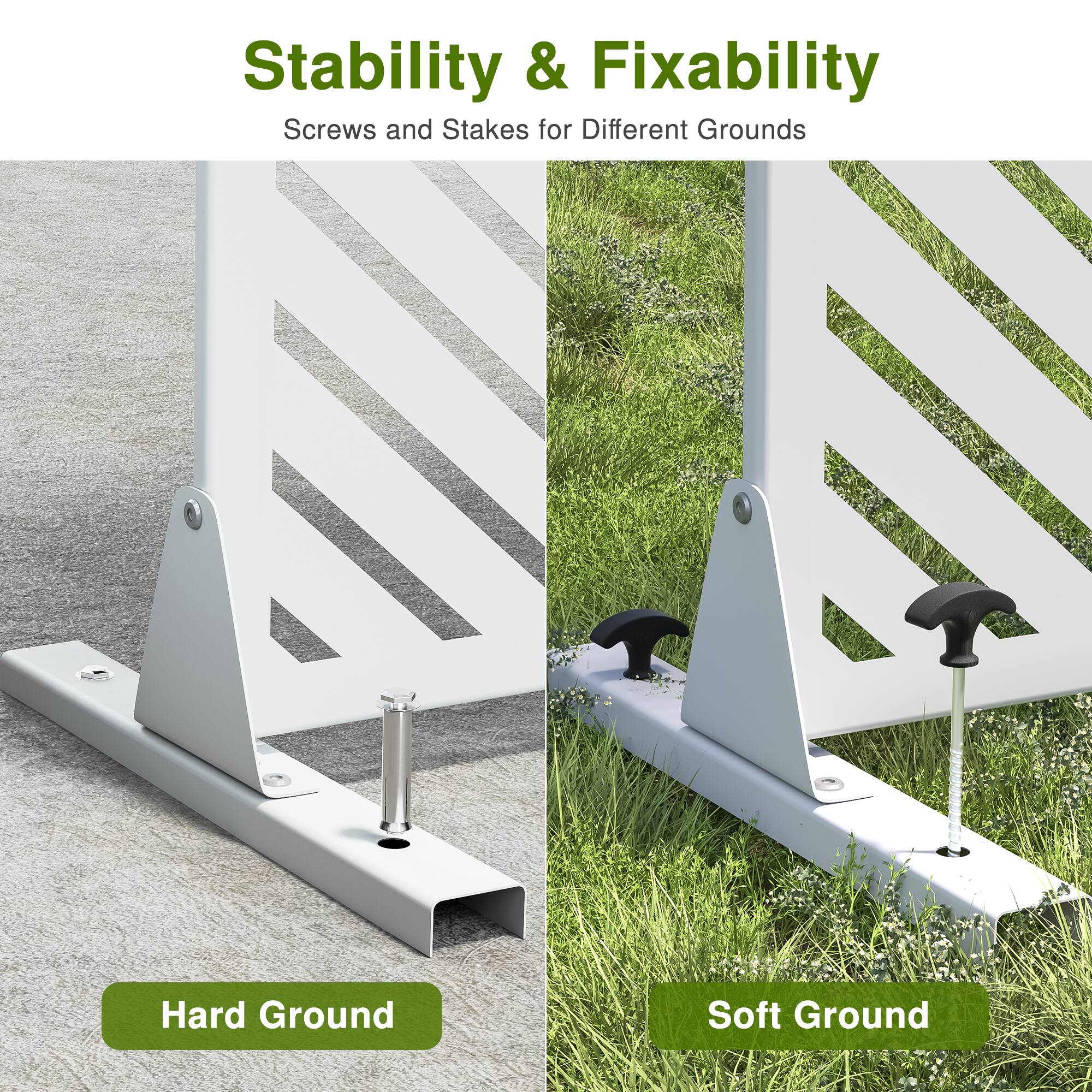 Stability & Fixability  
Screws and Stakes for Different Grounds  

Hard Ground  
Soft Ground