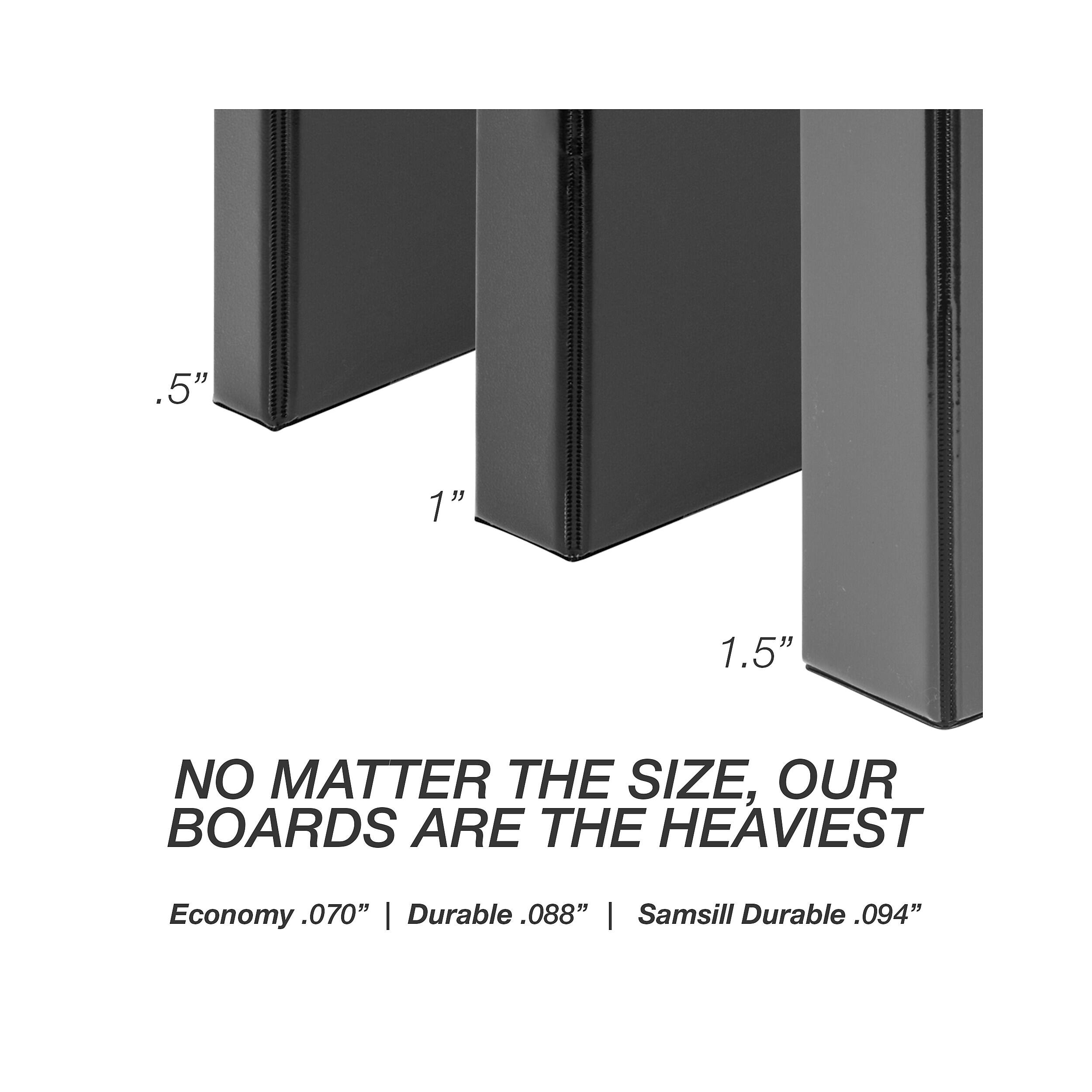 .5"  
1"  
1.5"  
NO MATTER THE SIZE, OUR BOARDS ARE THE HEAVIEST  
Economy .070" | Durable .088" | Samsill Durable .094"