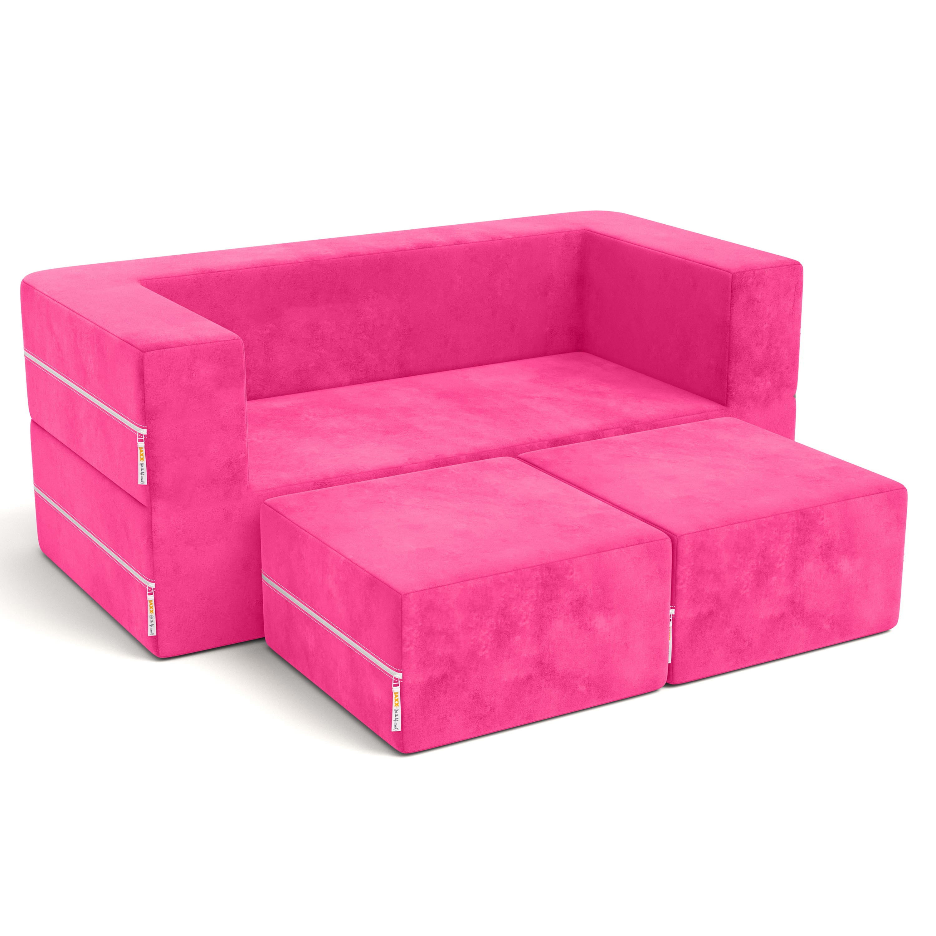 Jaxx - Zipline Kids Modular Loveseat & Ottomans, Fold Out Lounger - Fuchsia