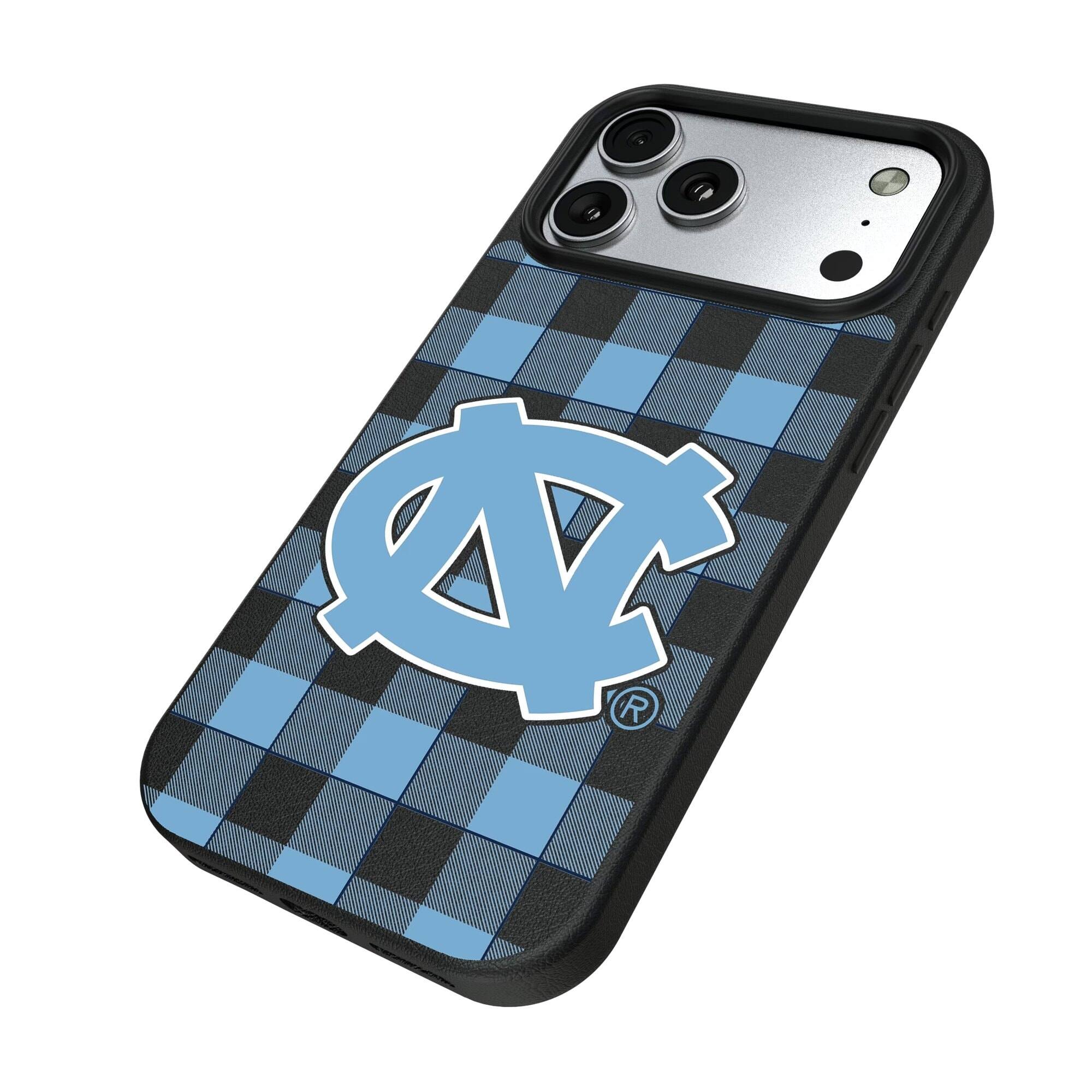 Alt View 1. Keyscaper - North Carolina Tar Heels Plaid Magnetic Bump iPhone Case - 15 - Black.