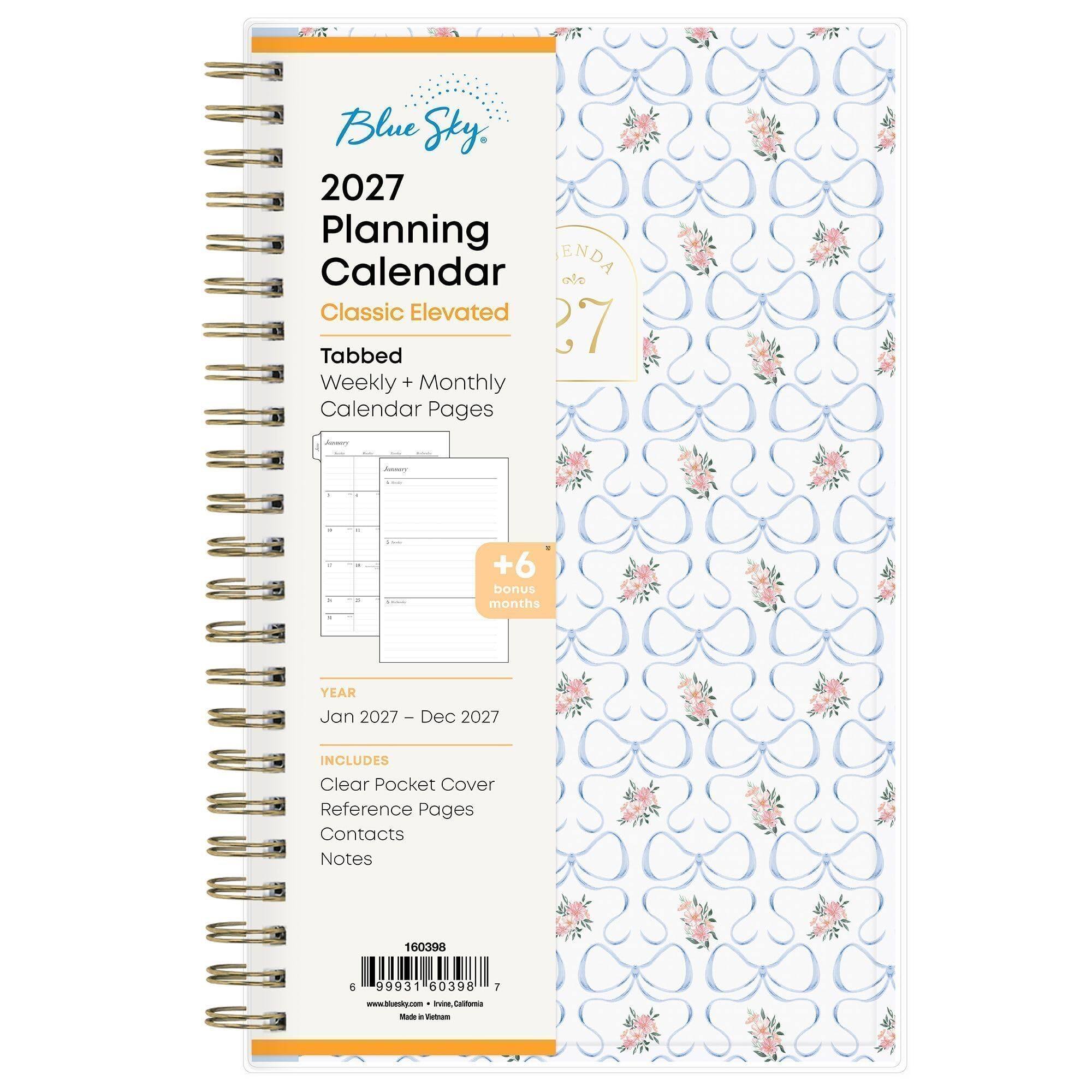 Blue Sky 2027 Planning Calendar  
Classic Elevated  
Tabbed Weekly + Monthly Calendar Pages  
+6 bonus months  
YEAR  
Jan 2027 - Dec 2027  
INCLUDES Clear Pocket Cover Reference Pages Contacts Notes  
160398  
6 99931 60398 7 www.bluesky.com Irvine California Made in Vietnam
