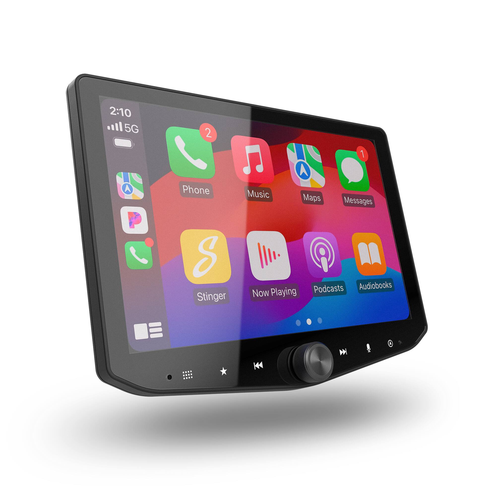 The text on the image can be grouped and corrected as follows:

2:10 5G Phone Music Maps Messages Stinger Podcasts Audiobooks Now Playing K44 H