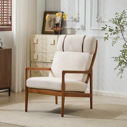 Front. APRILSOUL - Mid Century Modern Accent Armchair Solid Wood Frame High Back Beige Boucle Living Room - Beige Walnut.