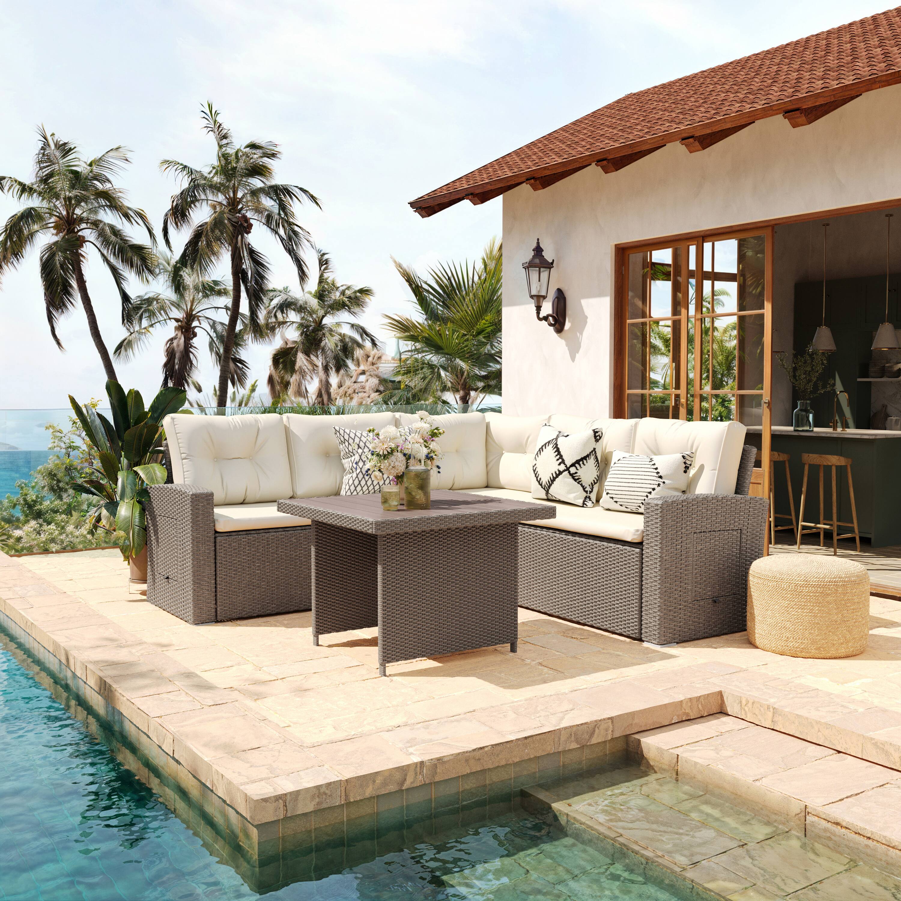 Alt View 1. Flash Furniture - Huck Indoor/Outdoor Wicker Rattan Conversation Set, L-Shaped Sofa with Dining Table, Weather Resistant Cushions, Beige a - Brown.