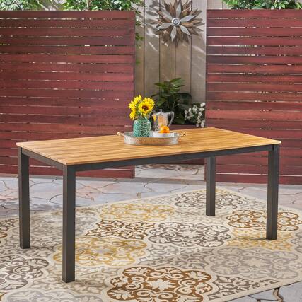 Front. Mondawe - 71"L Acacia Wood Rectangular Outdoor Dining Table - Black+Brown.