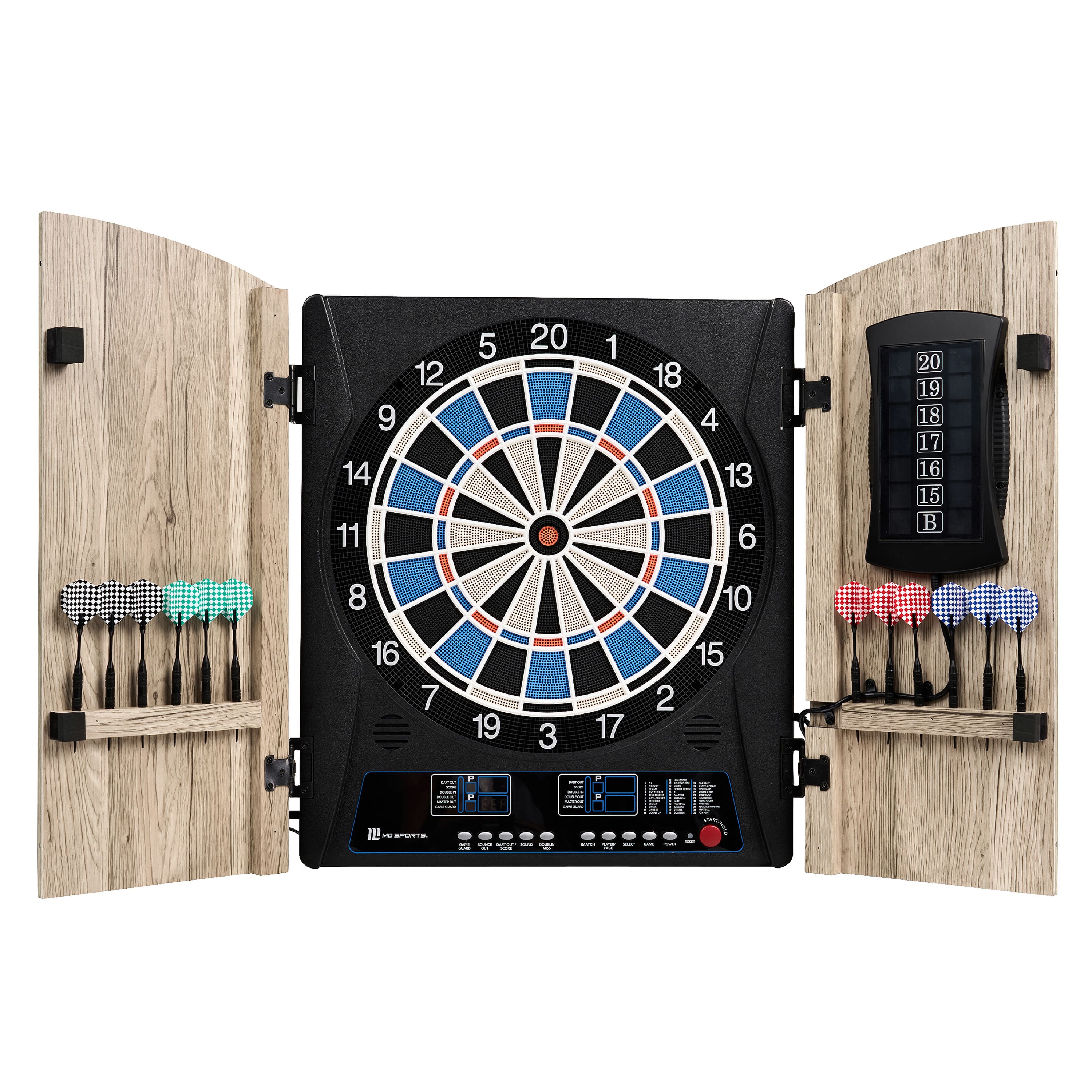 Front. MD Sports - Elmhurst Smart Dartboard Cabinet with Digital Scorekeeping and Soft Tip Dart Set - Wood / Black / White / Red / Blue.